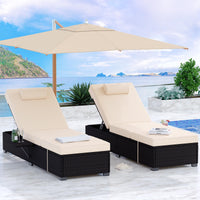 Garvee Set of 2 Outdoor Chaise Lounge Chairs with Side Table, PE Rattan Recliners with 6-Position Backrest & Blue Cushions for Poolside Patio