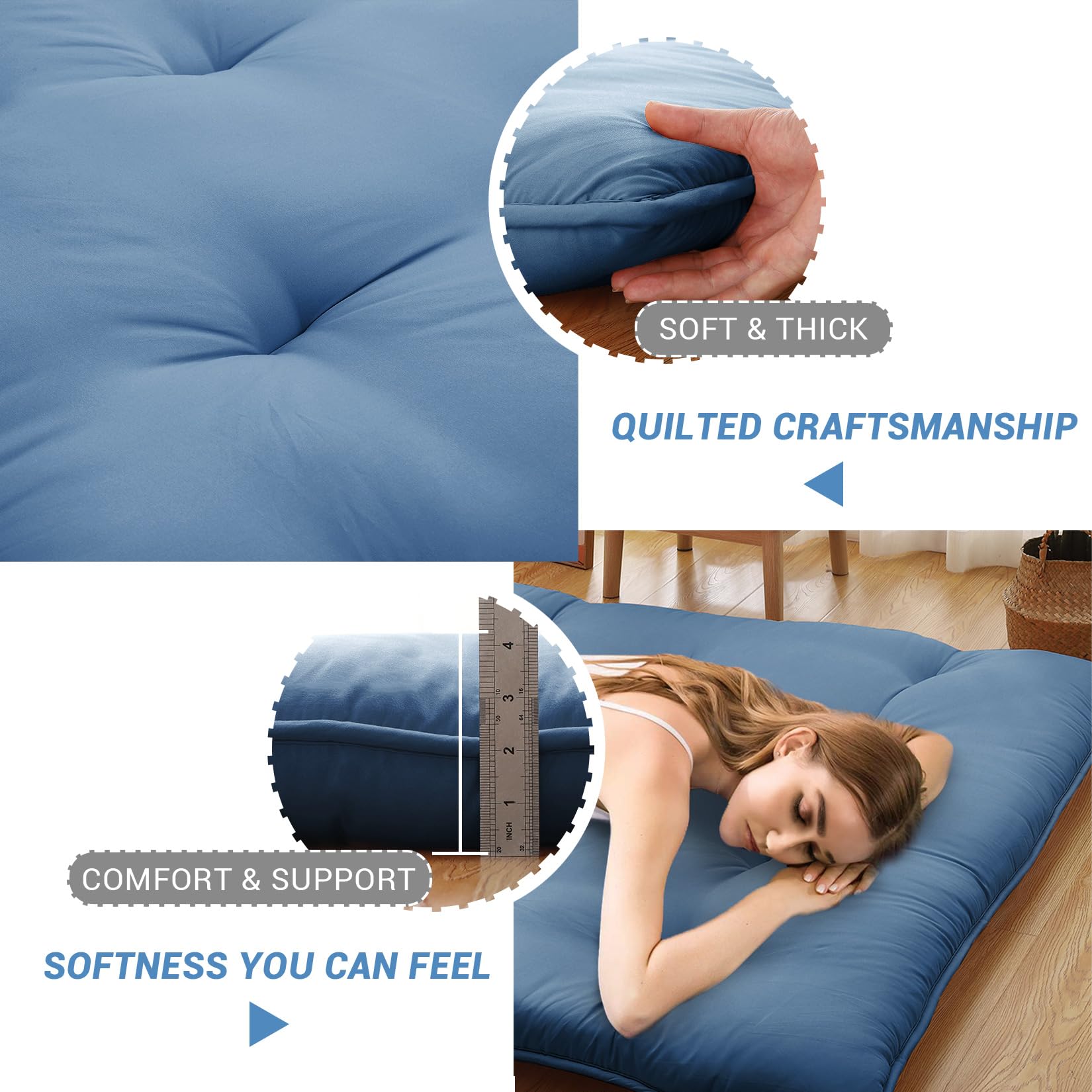 Garvee Futon Mattress Japanese Floor Mattress, Twin Size Tatami Mattress Kids Sleeping Mat for Dormitory, Roll Up Mattress Japanese Floor Mat for Sleep, Easy to Store, Navy Blue