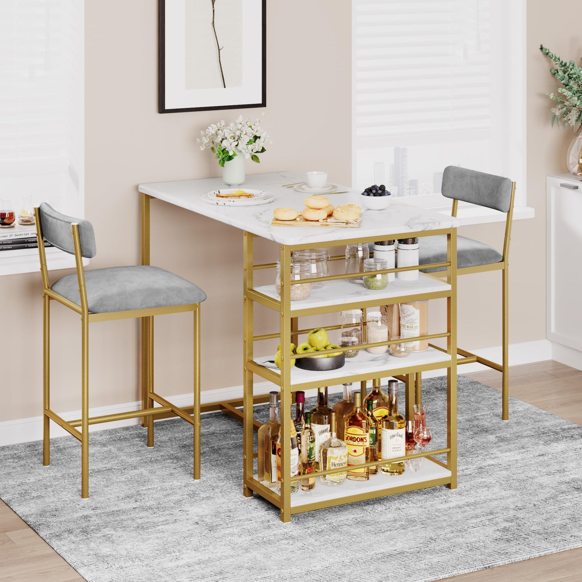 Garvee Dining Table Set for 2, Kitchen Table Set, Dining Room Table Set with 2 Velvet Upholstered Bar Chairs, 3 Piece Counter Height Table Set for Small Space, Apartment, White