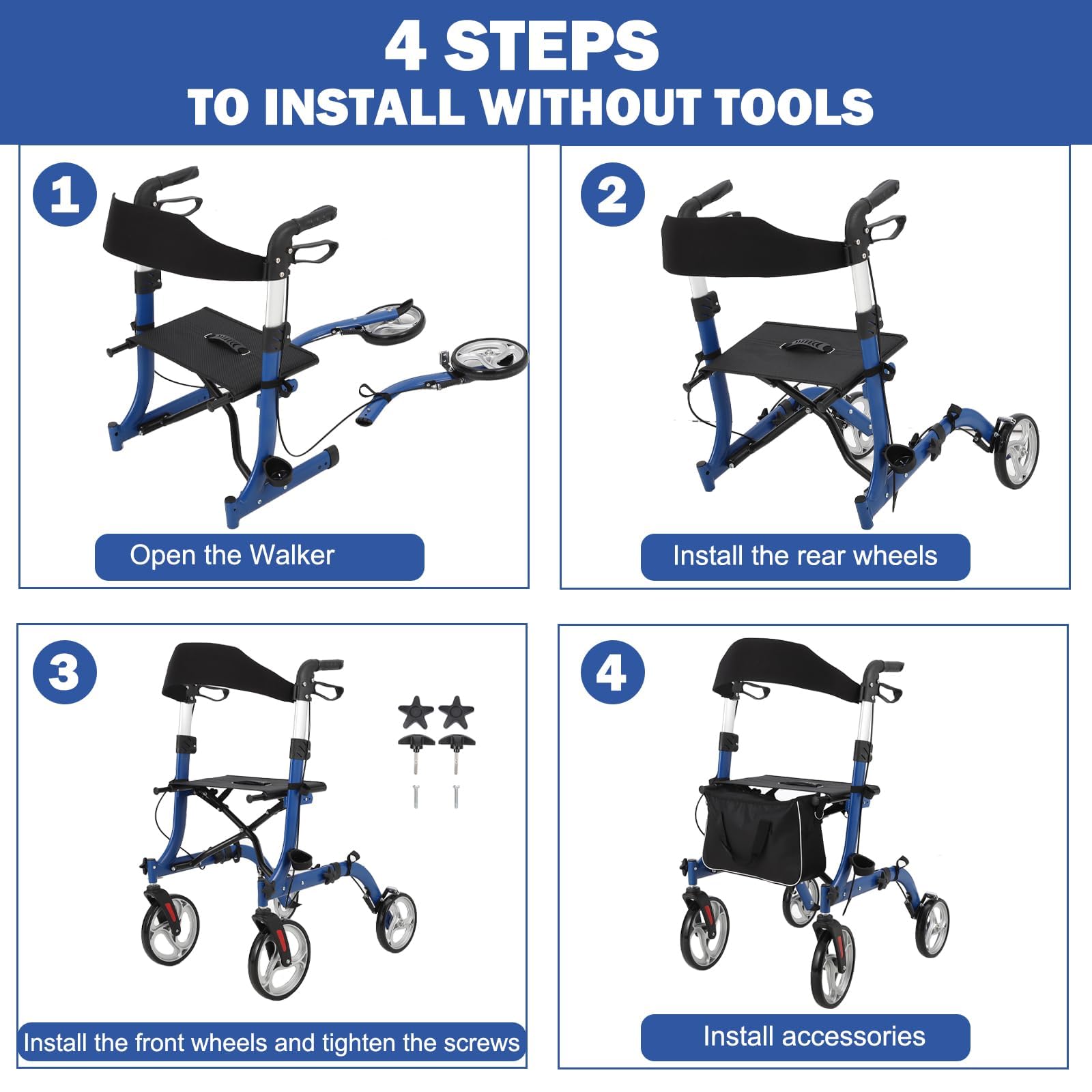 Garvee 2-in-1 Folding Walker & Transport Chair, 300lbs Capacity All-Terrain Rollator with Dual Brake System & Storage Bag, Lightweight Aluminum Frame for Seniors, Shopping, Outdoor Usea