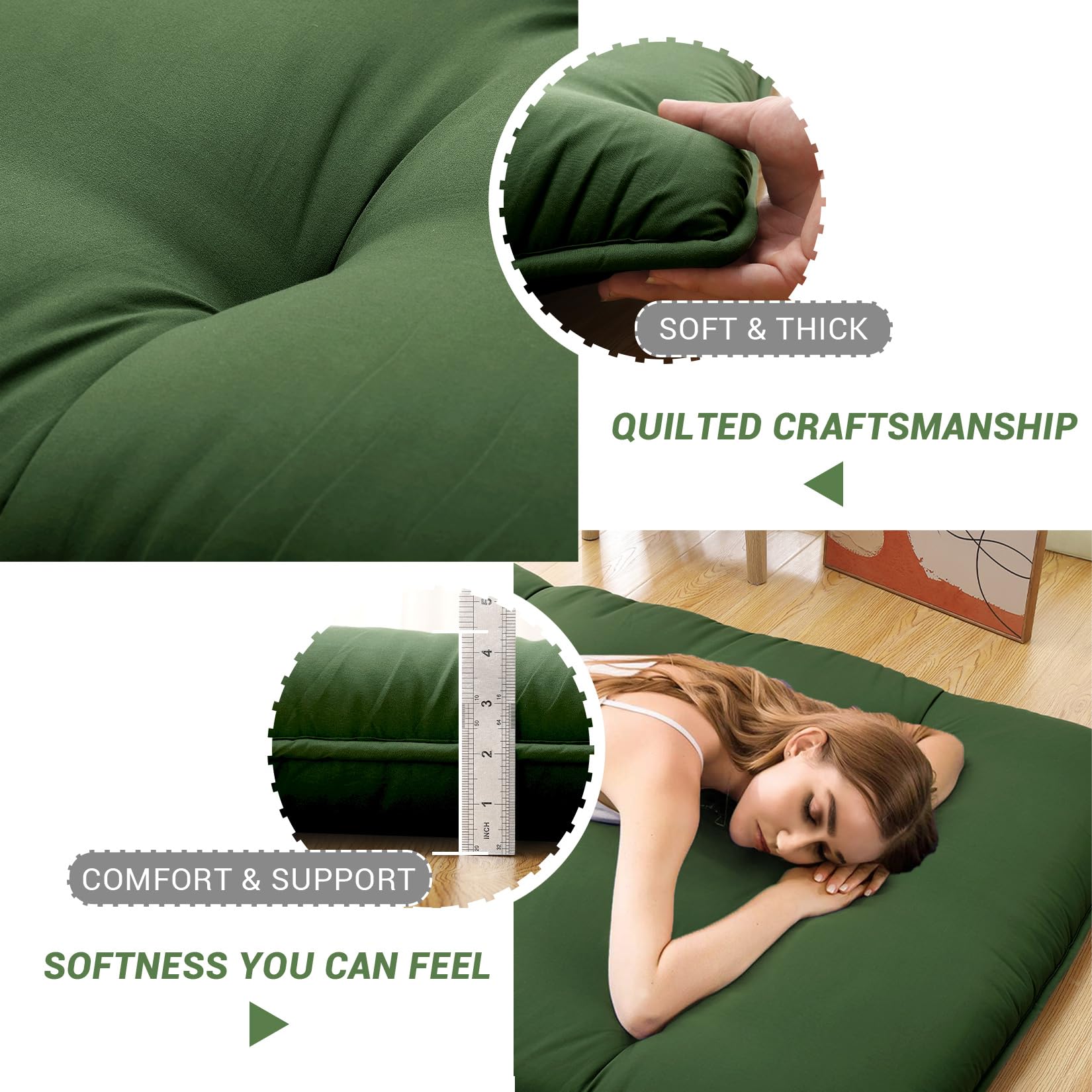 Garvee Japanese Futon Floor Mattress, Futon Mattress Full Size Foldable Floor Bed Mattress, Tatami Mat for House Guest Dorm Roll Up Sleeping Floor Mattress, Army Green