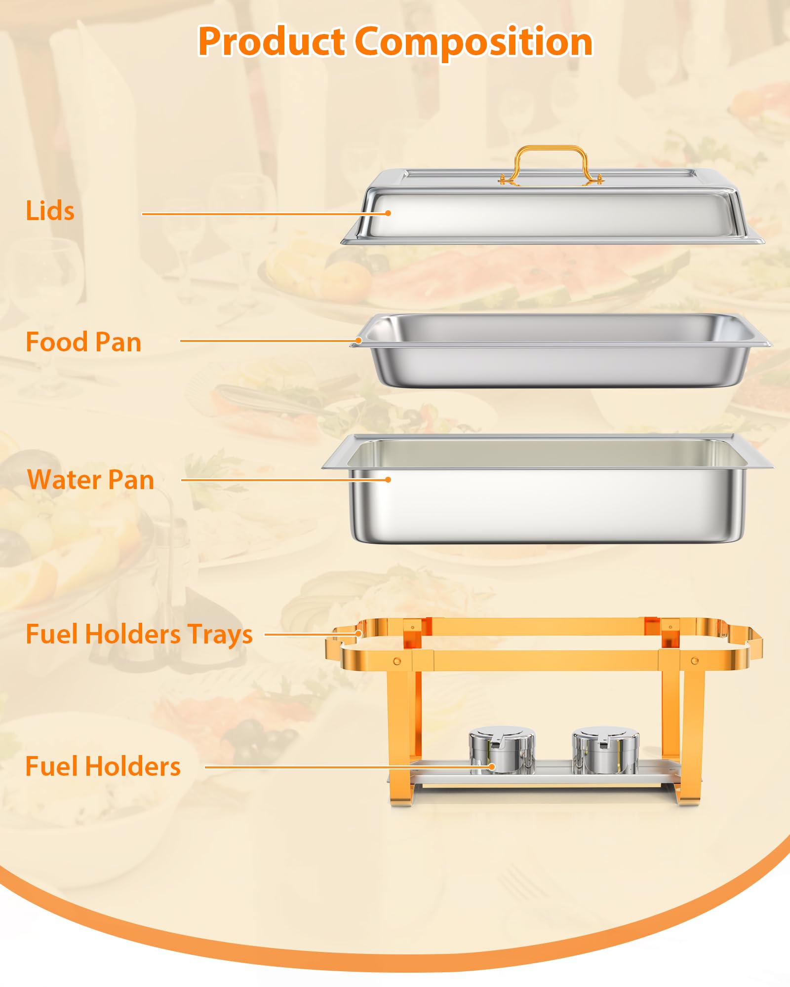Garvee 8QT Chafing Dish Buffet Set (4-Pack) - Foldable Food Warmers with Spoons & Tweezers for Weddings, Parties, Banquets, and Catering Events (Gold)