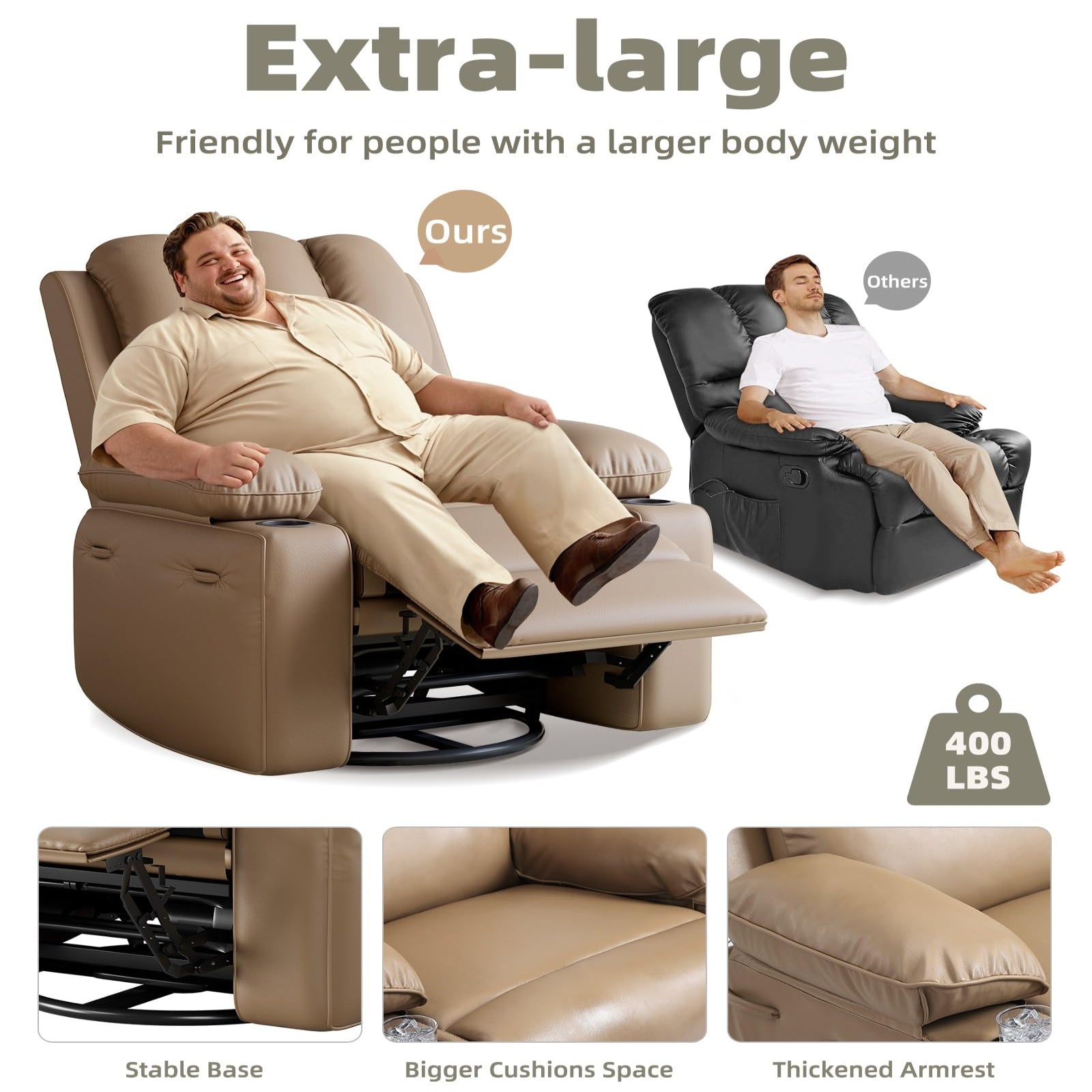 Garvee Oversized 27" Recliner Chairs with Heat and Massage, 360° Swivel Lazy Boy Recliner Chair for Adults, Manual Rocking Chair with Cup Holder for Living Rooms, Bedrooms and Nurseries, Tan