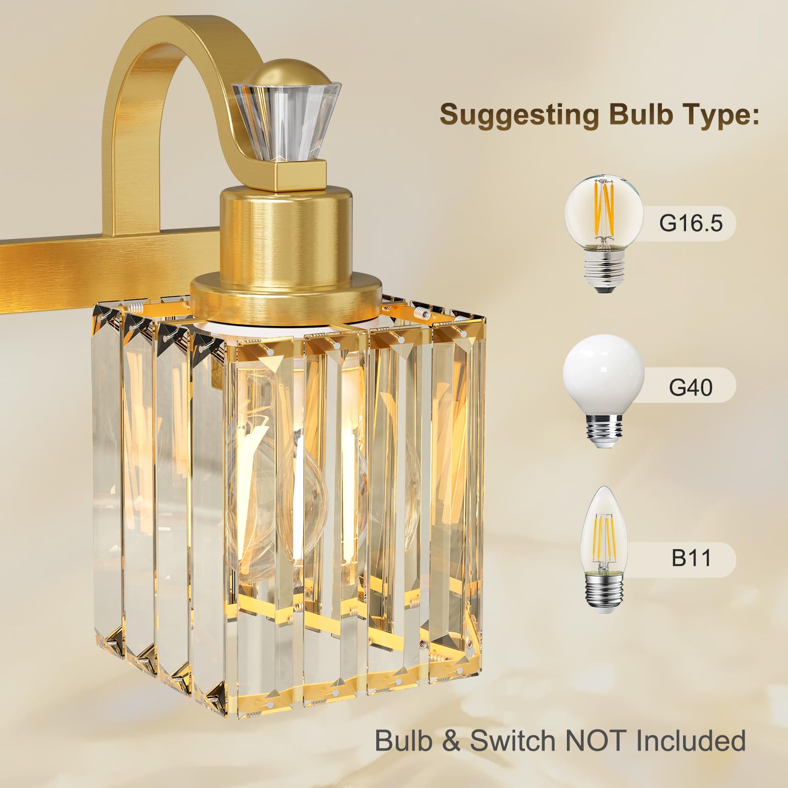 Garvee Bathroom Vanity Light Fixtures Modern Crystal Vanity Light Fixtures Over Mirror，3 Light Modern Crystal Wall Lighting with Square Shade（Gold
