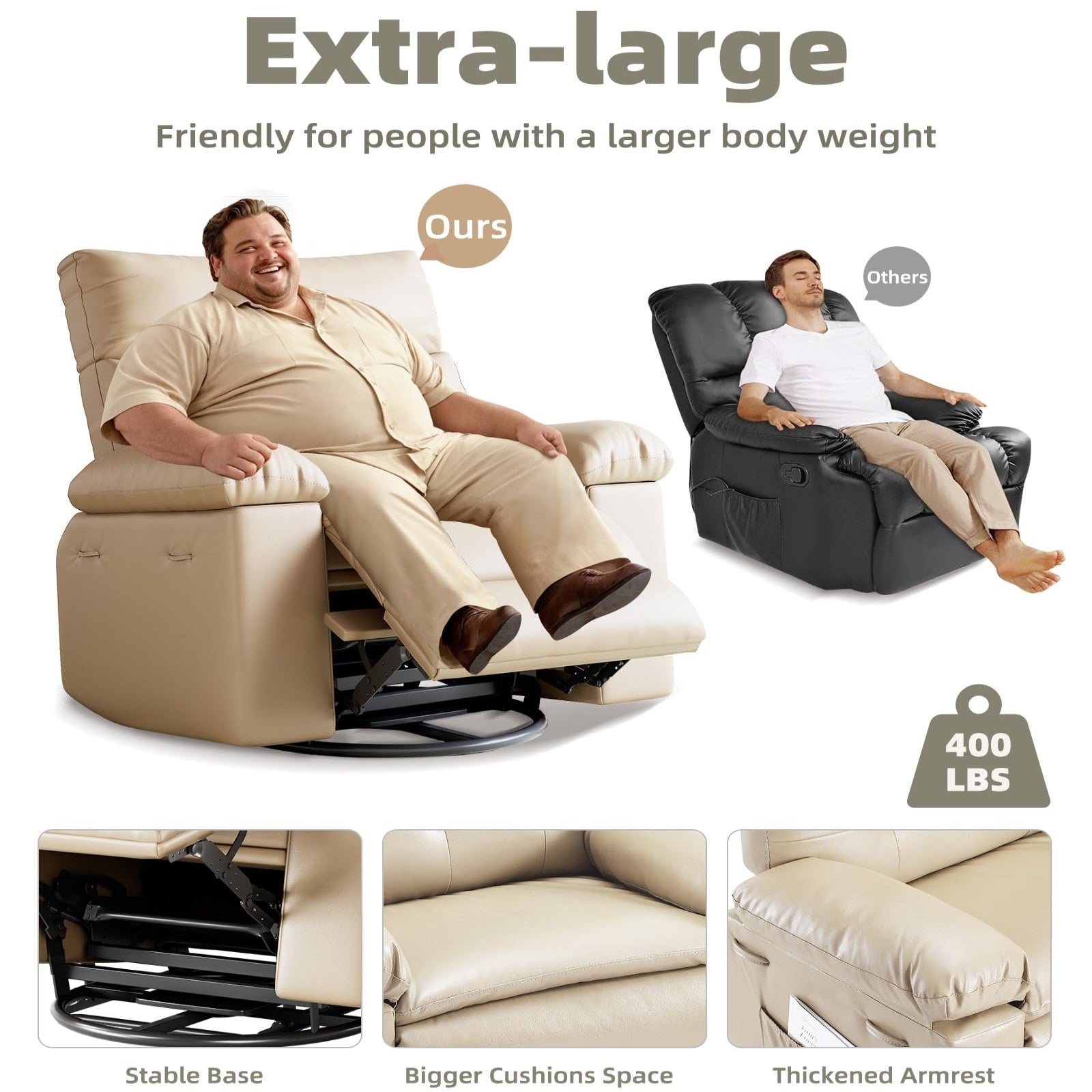 Garvee Oversized Wide Massage Recliner Chair, PU Leather Large Manual Recliner for Adults, Ultimate Comfort Lazy Boy with 1.5X Sponge Filling and Easy Recline Mechanism for Relaxation, Beige