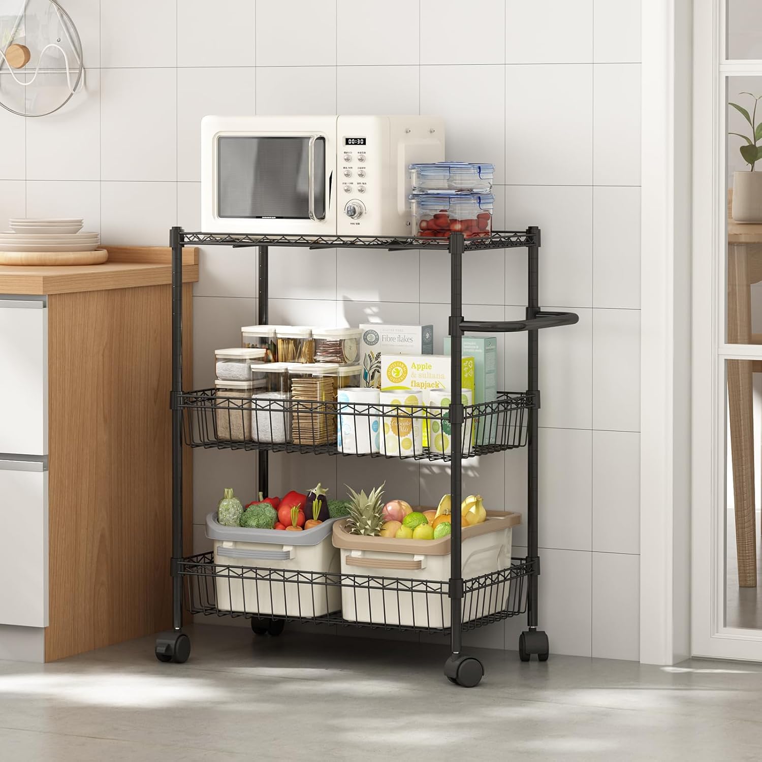 Garvee 3 Tier Rolling Cart, Metal Kitchen Cart On Wheels with Baskets, Wire Shelving Rolling Snack Storage Cart Utility Trolley with Handles for Kitchen Bathroom Office Laundry, Black