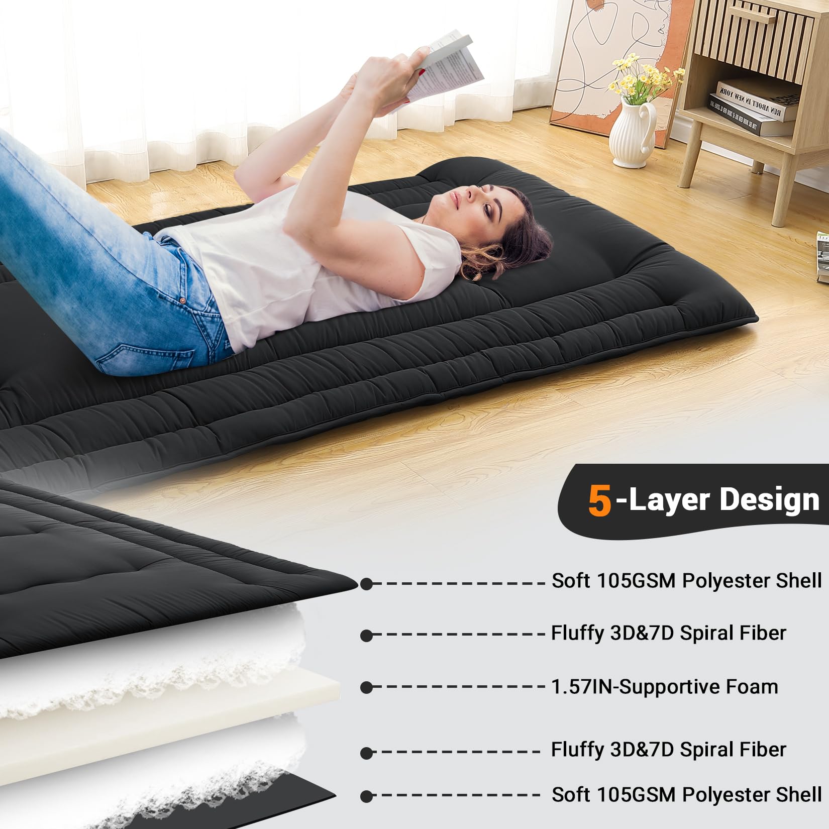 Garvee Futon Mattress Full Size, Foldable Sleeping Mattress Tatami Mattress for Adults, Roll Up Japanese Style Floor Bed Dormitory Floor Mattress for Rv Travel Camping, Black