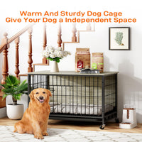 Garvee Dog Crate Furniture, 38.6" Dog Kennel Indoor Double Doors Wooden Dog Cage Crate with Pull-Out Tray & Removable Wheels, Decorative End Table Pet House Chew-Resistant for Large Dog, Grey