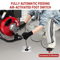 Garvee Auto Feed 75 FT x 1/2 Inch Drain Cleaner Machine with 250W Motor, Portable Sewer Snake Auger with 8 Cutters & Air-activated Foot Switch, Fits 1" to 4" Pipes, Black & Red