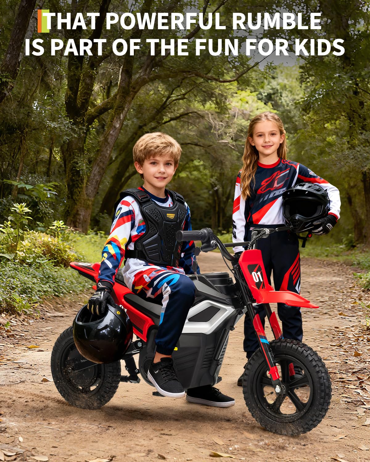 Garvee 24V Electric Dirt Bike 350W Motor 10MPH Speed Key Start Hand Brake 12" Fat Tires Dual Suspension Kids Outdoor Riding