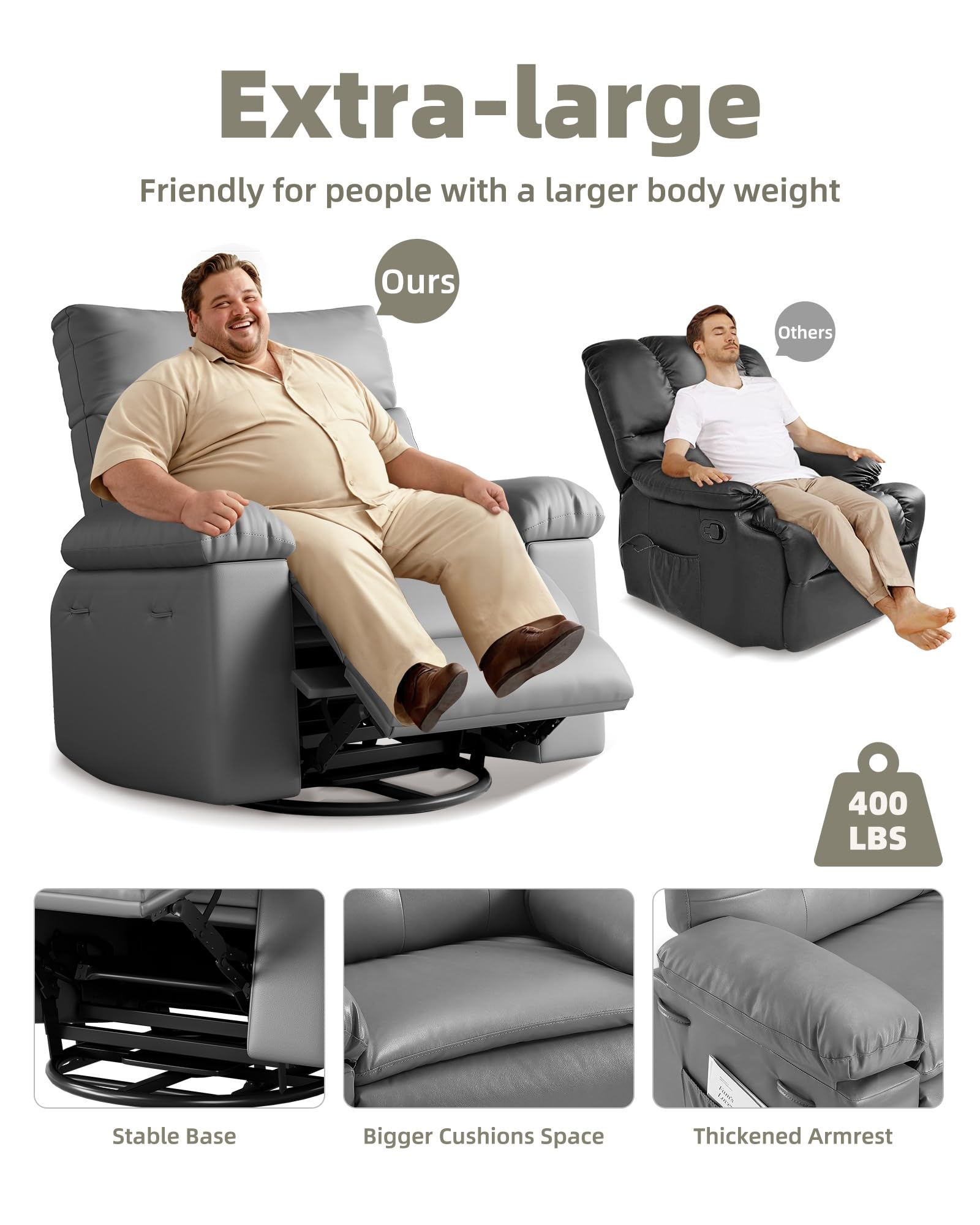 Garvee Oversized Wide Rocker Swivel Recliner Chair - PU Leather Large Manual Recliner for Adults, Ultimate Comfort Lazy Boy with 1.5X Sponge Filling and Easy Recline Mechanism for Relaxation, Gray