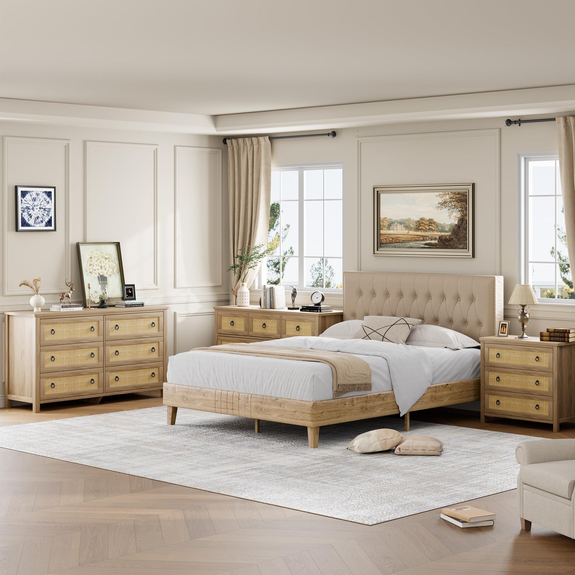 Garvee Rattan 6 Dresser for Bedroom, 47.2" Wide Dresser, Boho Wide Drawer Dresser with Storage, Wooden Closet Dressers Chest of Drawers Freestanding for Bedroom, Nursery, Living Room, Natural