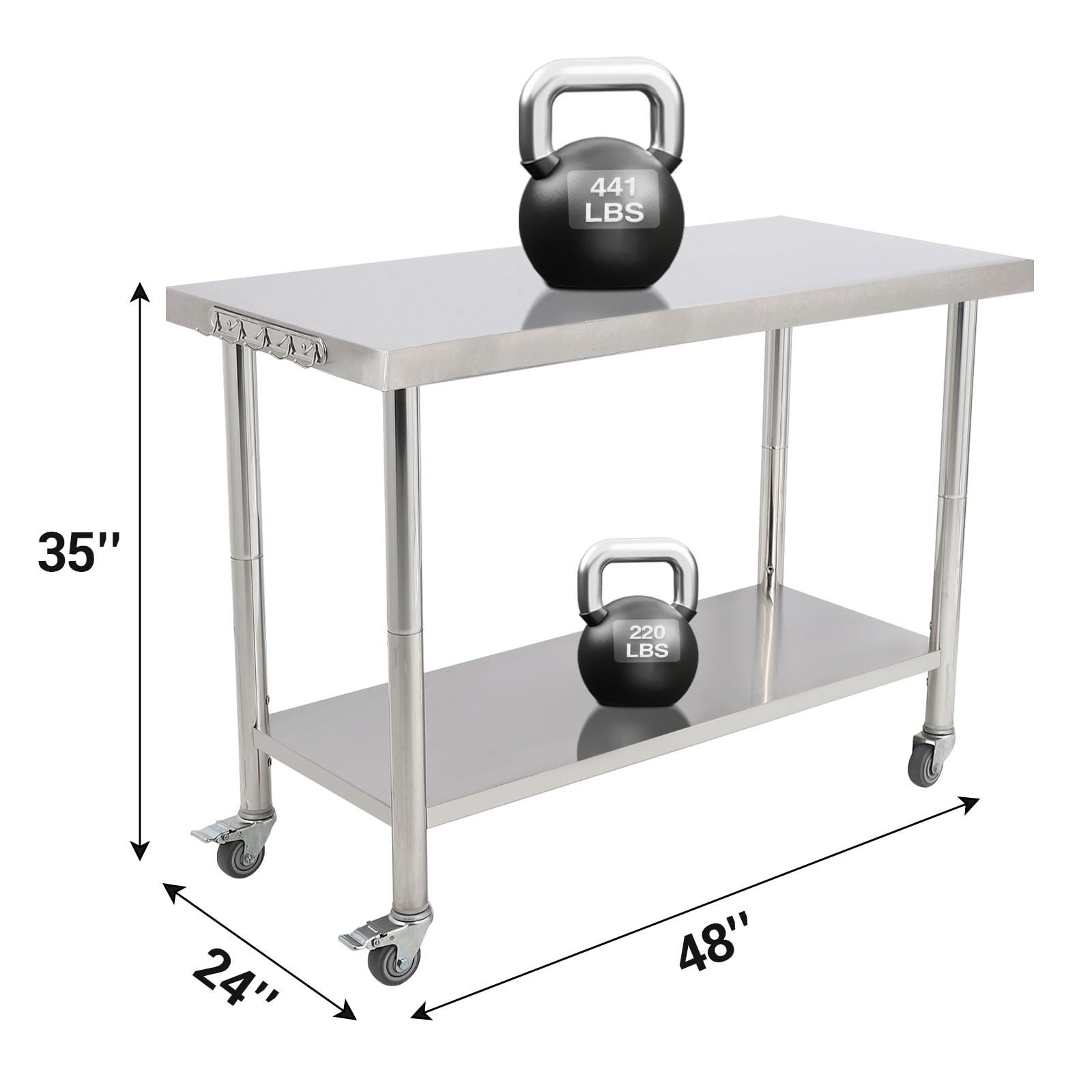 GARVEE 48"L x 24"W x 35"H Stainless Steel Work Table - Heavy-Duty Prep Table with Undershelf, Wheels, and Hooks for Kitchen and Restaurant Use