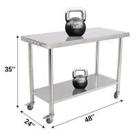 GARVEE 48"L x 24"W x 35"H Stainless Steel Work Table - Heavy-Duty Prep Table with Undershelf, Wheels, and Hooks for Kitchen and Restaurant Use