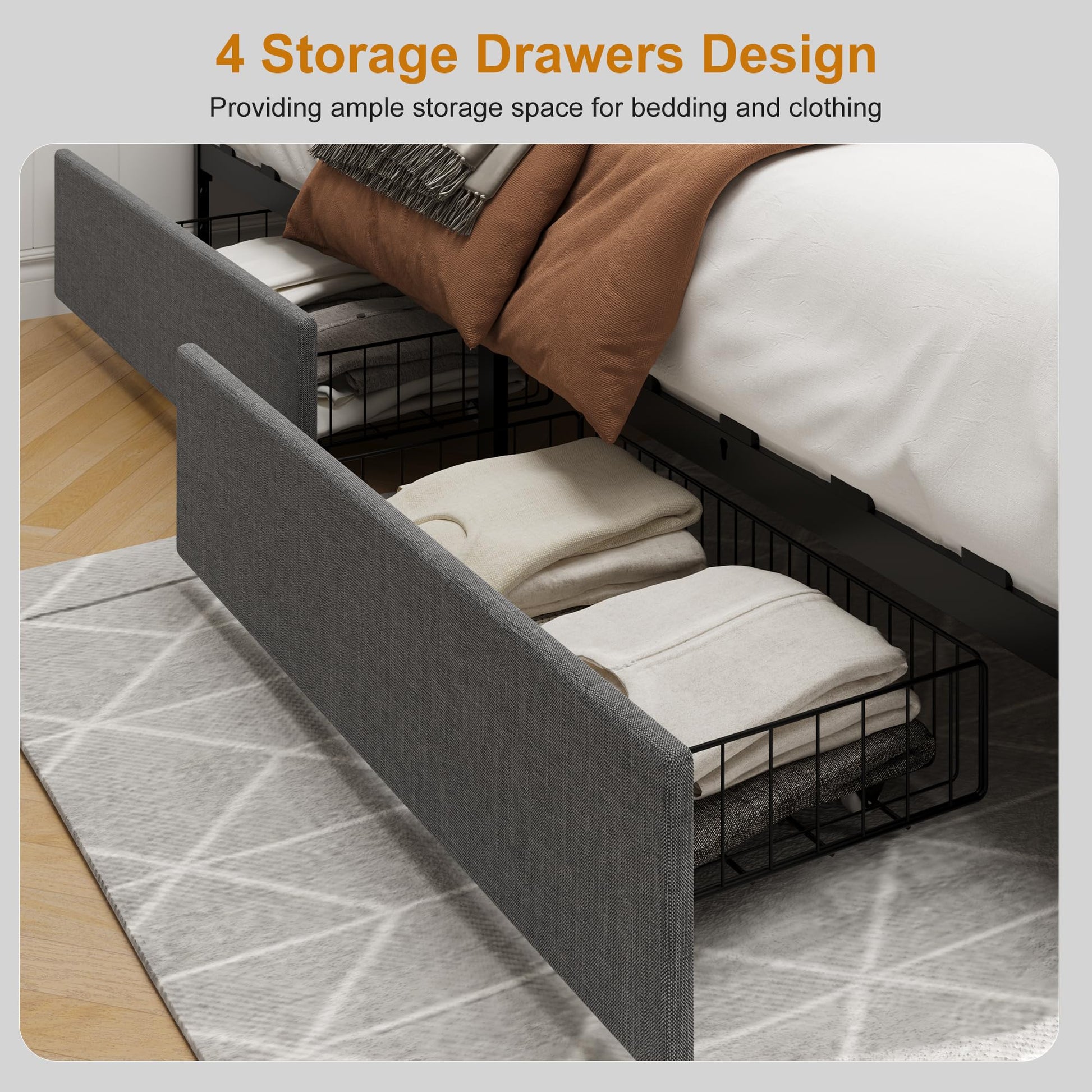 Garvee Platform Bed Frame, Fabric Upholstered with 4 Storage Drawers, No Box Spring Needed, Wooden Slats Support, Noise Free, Easy Assembly, Dark Grey(KING)