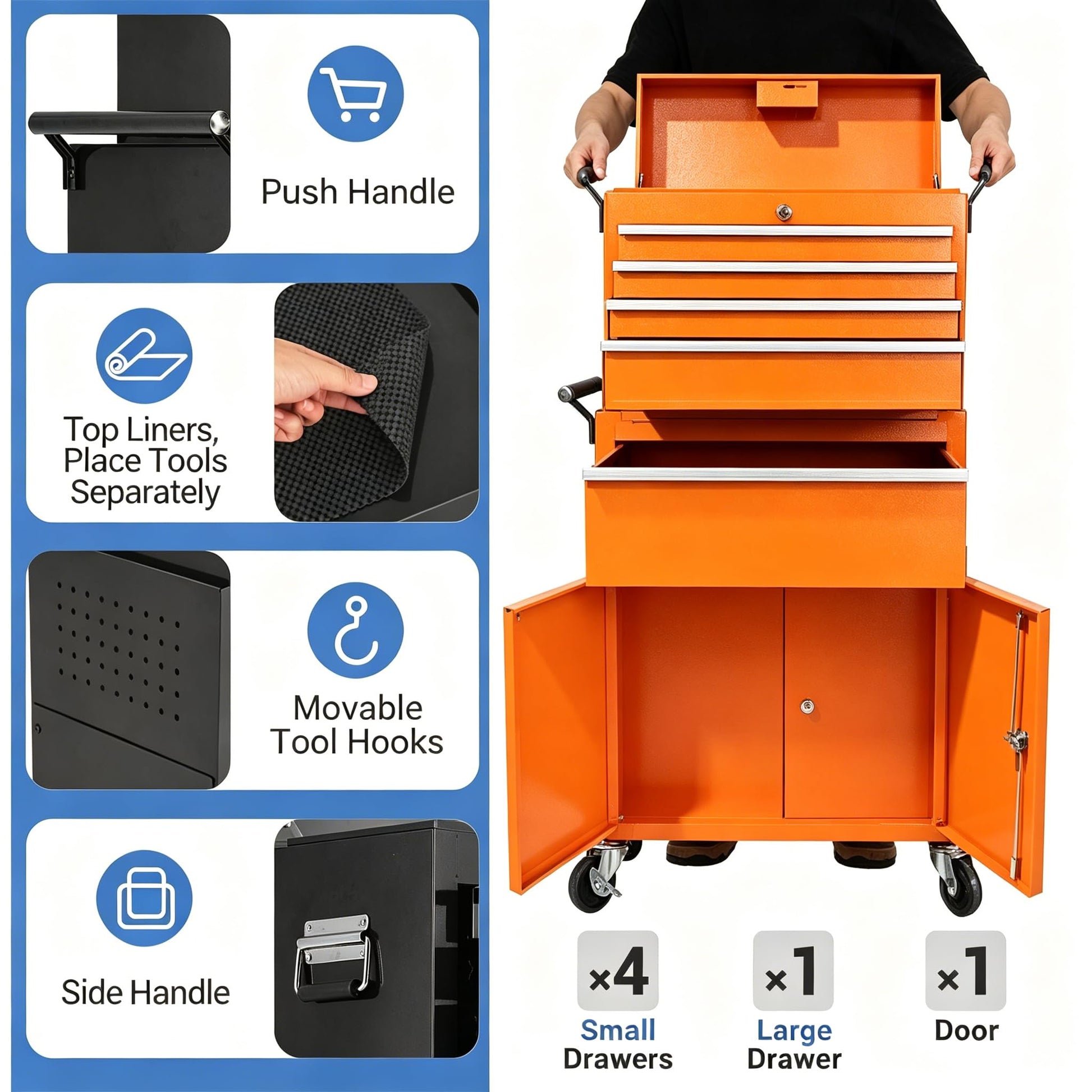 Garvee 20 Inch Heavy-Duty Tool Chest with 5 Drawers, Rolling Tool Box Cabinet on Wheels, 2-in-1 Detachable Tool Storage Organizer for Garage, Workshop, and Home Improvement, Locking Steel Tool Cart with Top Tool Box, Orange