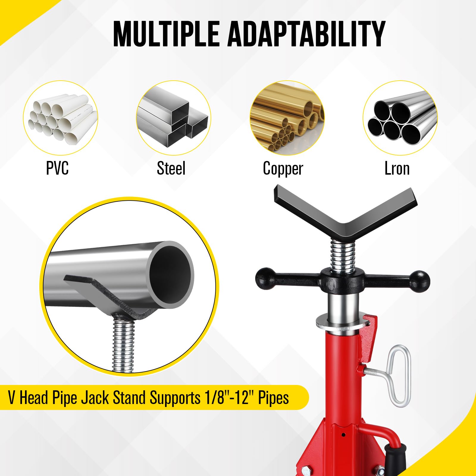Garvee V Head Pipe Stand 1/8"-12" Capacity,Adjustable Height 28"-52,Pipe Jack Stands 2500 Lb,Portable Folding Pipe Stands, Carbon Steel Body More Durable for Welding, Automotive,Construction Projects