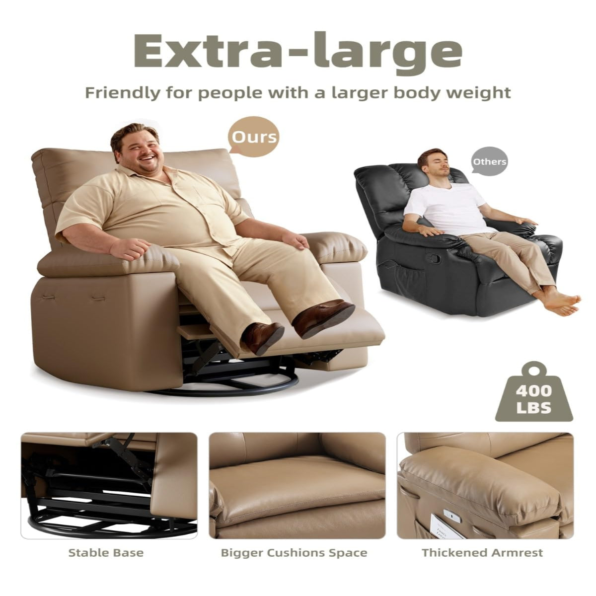 Garvee Oversized Recliner Chairs with Heat and Massage - 360° Swivel Lazy Boy Recliner Chair for Adults- Manual Rocking Chair with Cup Holder for Living Rooms, Bedrooms, and Nurseries - Tan