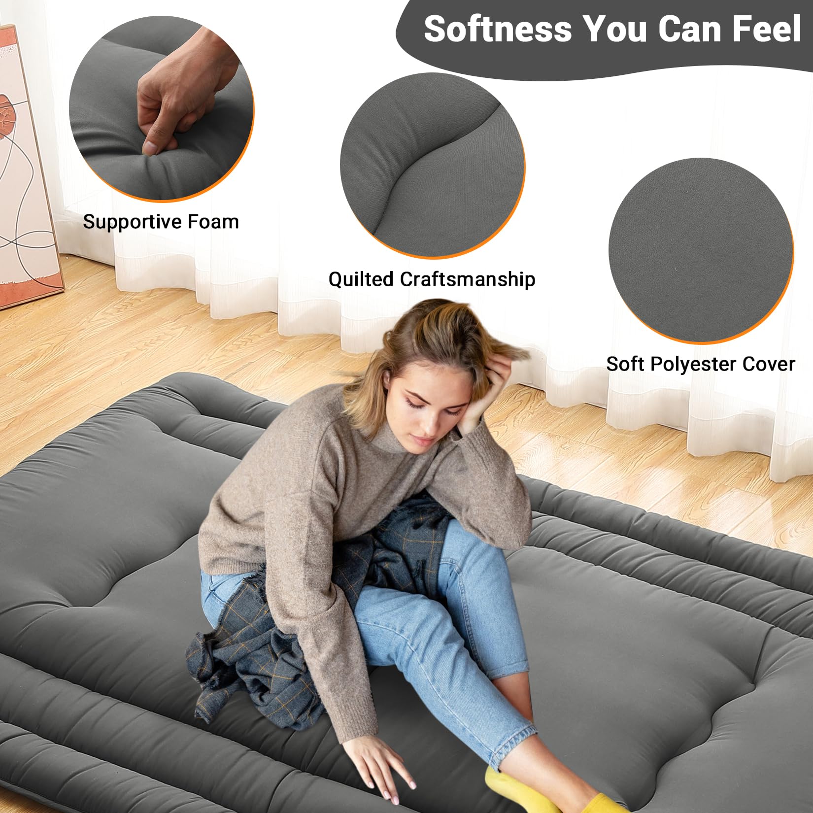 Garvee Futon Mattress Full Size, Foldable Sleeping Mattress Tatami Mattress for Adults, Roll Up Japanese Style Floor Bed Dormitory Floor Mattress for Rv Travel Camping, Dark Grey