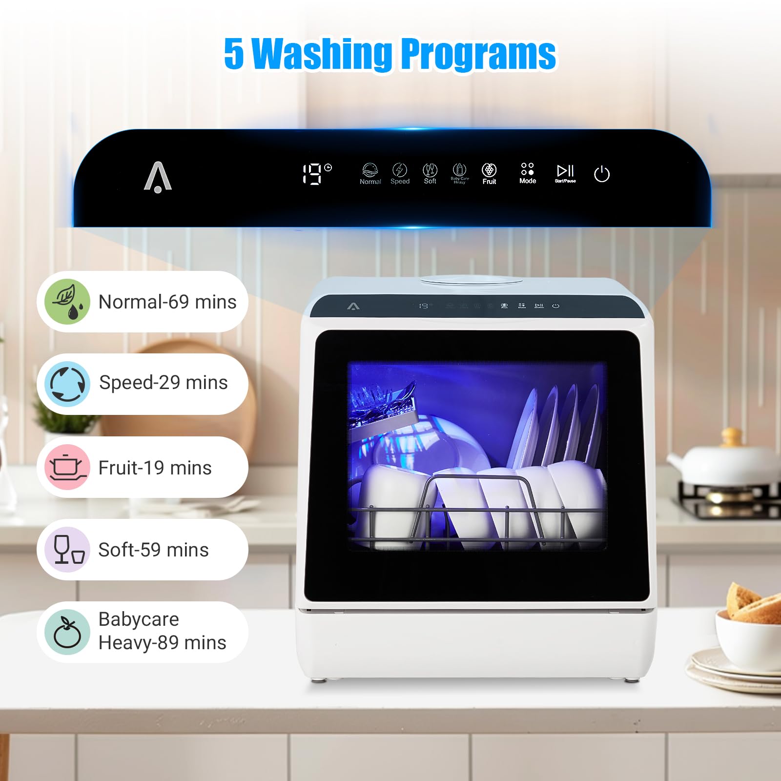 Garvee Portable Mini Dishwasher, Countertop Dishwasher 5L Water Tank, 5 Washing Programs & High-Temp Air-Dry Function, Tabletop Dishwasher with 360° Spray for Apartments, No Hookup Needed
