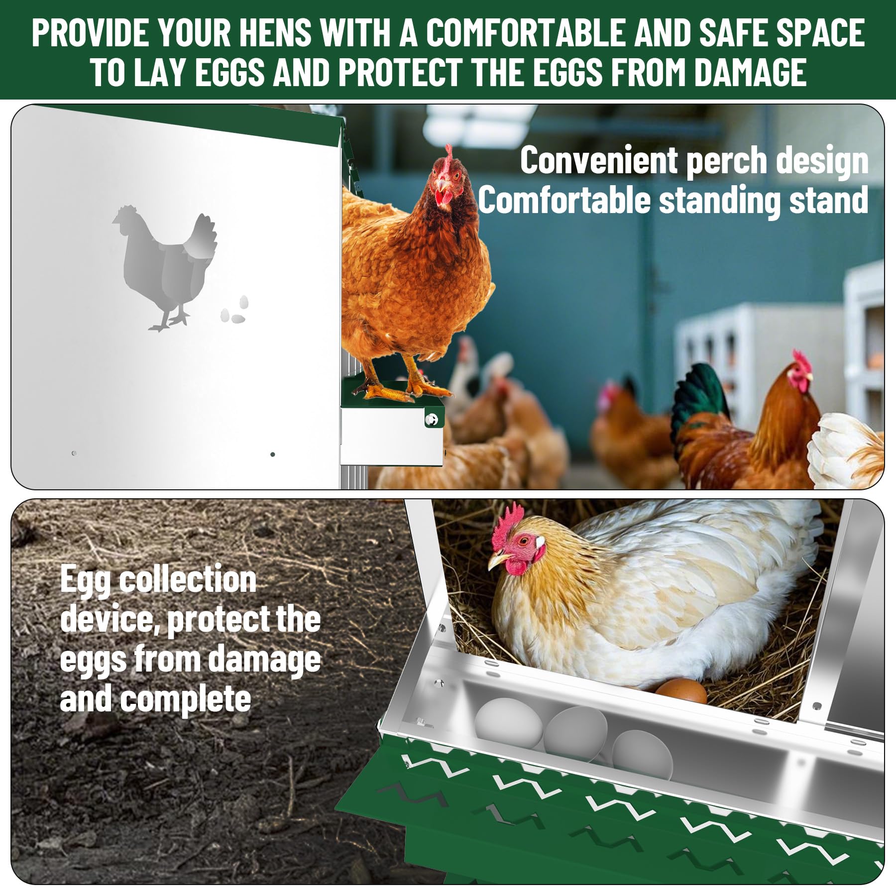 Garvee 6 Compartments Metal Chicken Nesting Boxes, Nesting Boxes, Chicken Laying Box with Roll Out Egg Collection with Vented Holes, Green