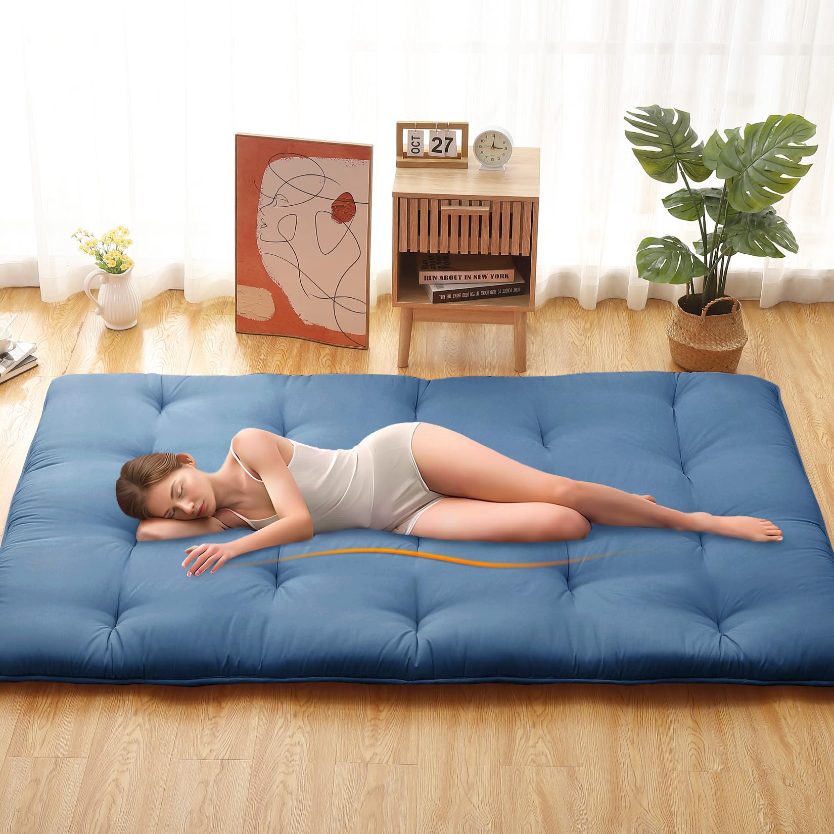 Garvee Futon Mattress Japanese Floor Mattress, Twin Size Tatami Mattress Kids Sleeping Mat for Dormitory, Roll Up Mattress Japanese Floor Mat for Sleep, Easy to Store, Navy Blue