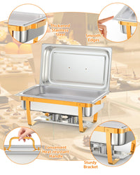 Garvee 8QT Chafing Dish Buffet Set (4-Pack) - Foldable Food Warmers with Spoons & Tweezers for Weddings, Parties, Banquets, and Catering Events (Gold)