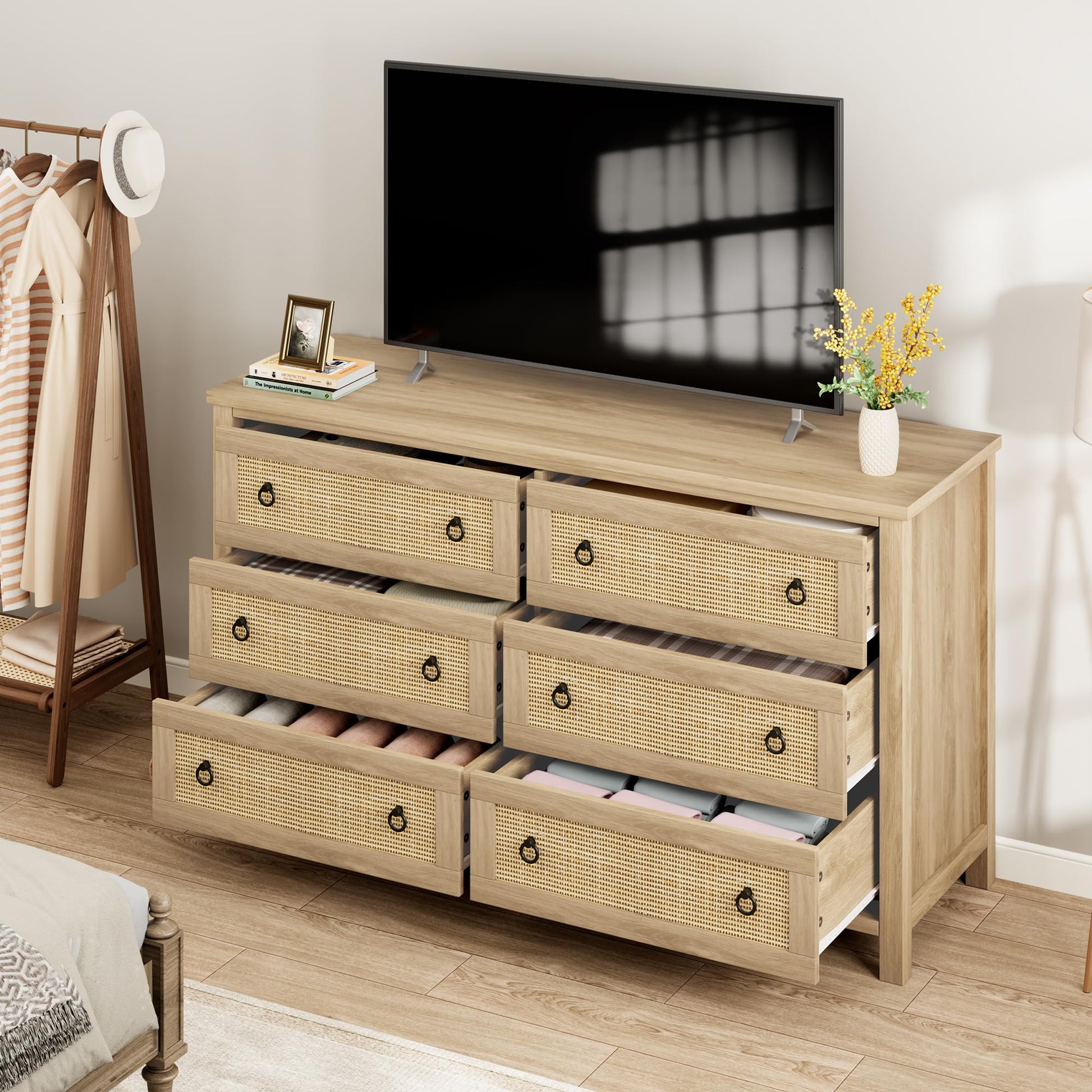 Garvee Rattan 6 Dresser for Bedroom, 47.2" Wide Dresser, Boho Wide Drawer Dresser with Storage, Wooden Closet Dressers Chest of Drawers Freestanding for Bedroom, Nursery, Living Room, Natural