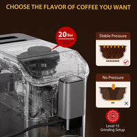 Garvee 20 - Bar Fully Automatic Espresso Machine - Touch Screen, Built - in Frother, Milk Container (Grey)