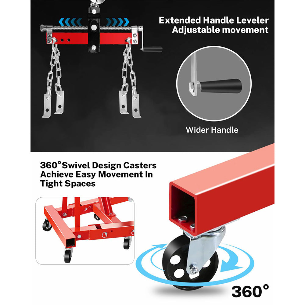 Garvee 2-Ton Hydraulic Engine Hoist Crane with 6-Wheel Stability, Folding Design, Military-Grade Steel, Locking Brakes, Adjustable Boom - Garage & Workshop, Red