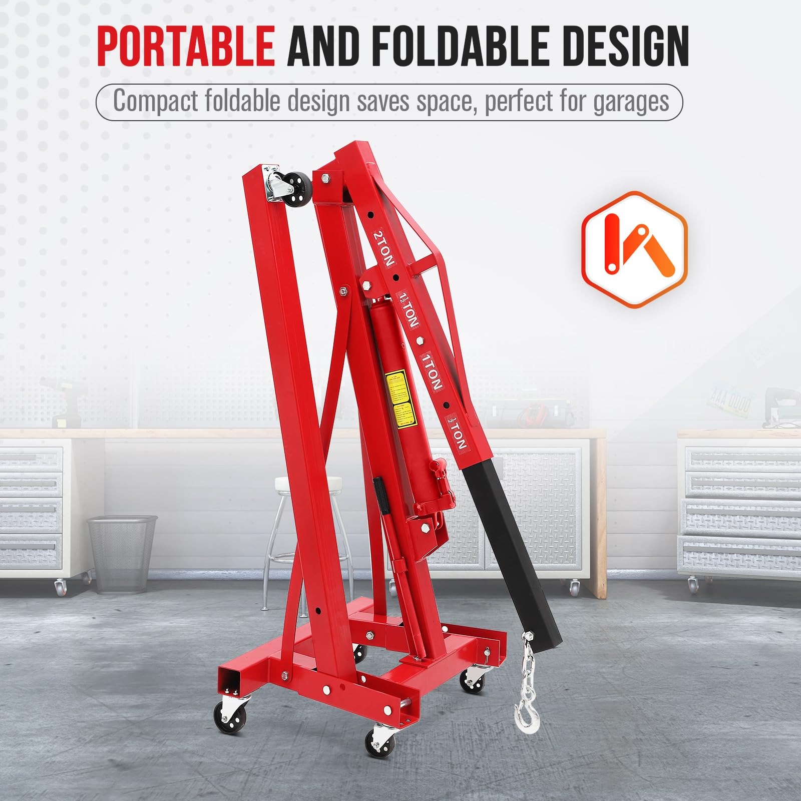 Garvee 2 Ton Hydraulic Engine Hoist 4400LB Heavy Duty Foldable Crane 6 Casters Leveler for Garage Auto Repair, Red
