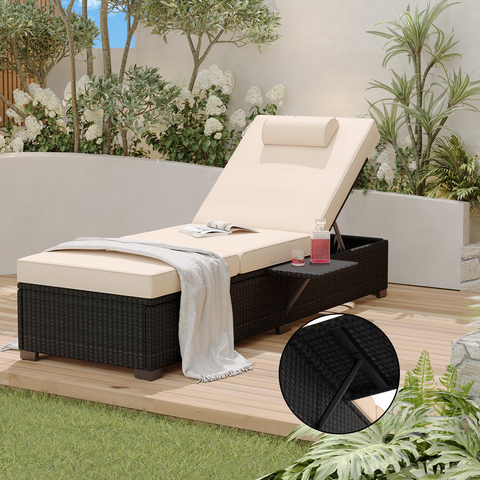 Garvee Set of 2 Outdoor Chaise Lounge Chairs with Side Table, PE Rattan Recliners with 6-Position Backrest & Blue Cushions for Poolside Patio