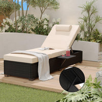Garvee Set of 2 Outdoor Chaise Lounge Chairs with Side Table, PE Rattan Recliners with 6-Position Backrest & Blue Cushions for Poolside Patio