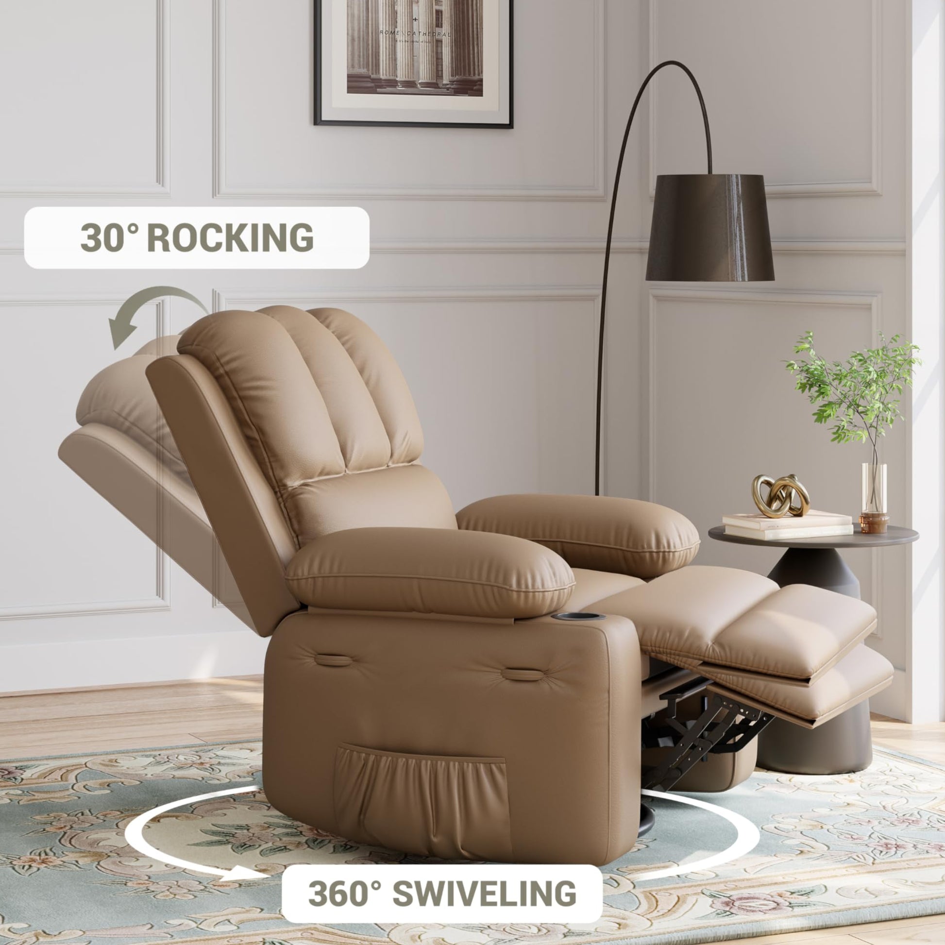 Garvee 22" Widen Rocker Swivel Recliner Chair, Lazy Boy Recliner for Adults, with 1.5X Sponge Filling, Side Pocket, and Cup Holder, for Living Room, Bedroom, and Nursery, Tan