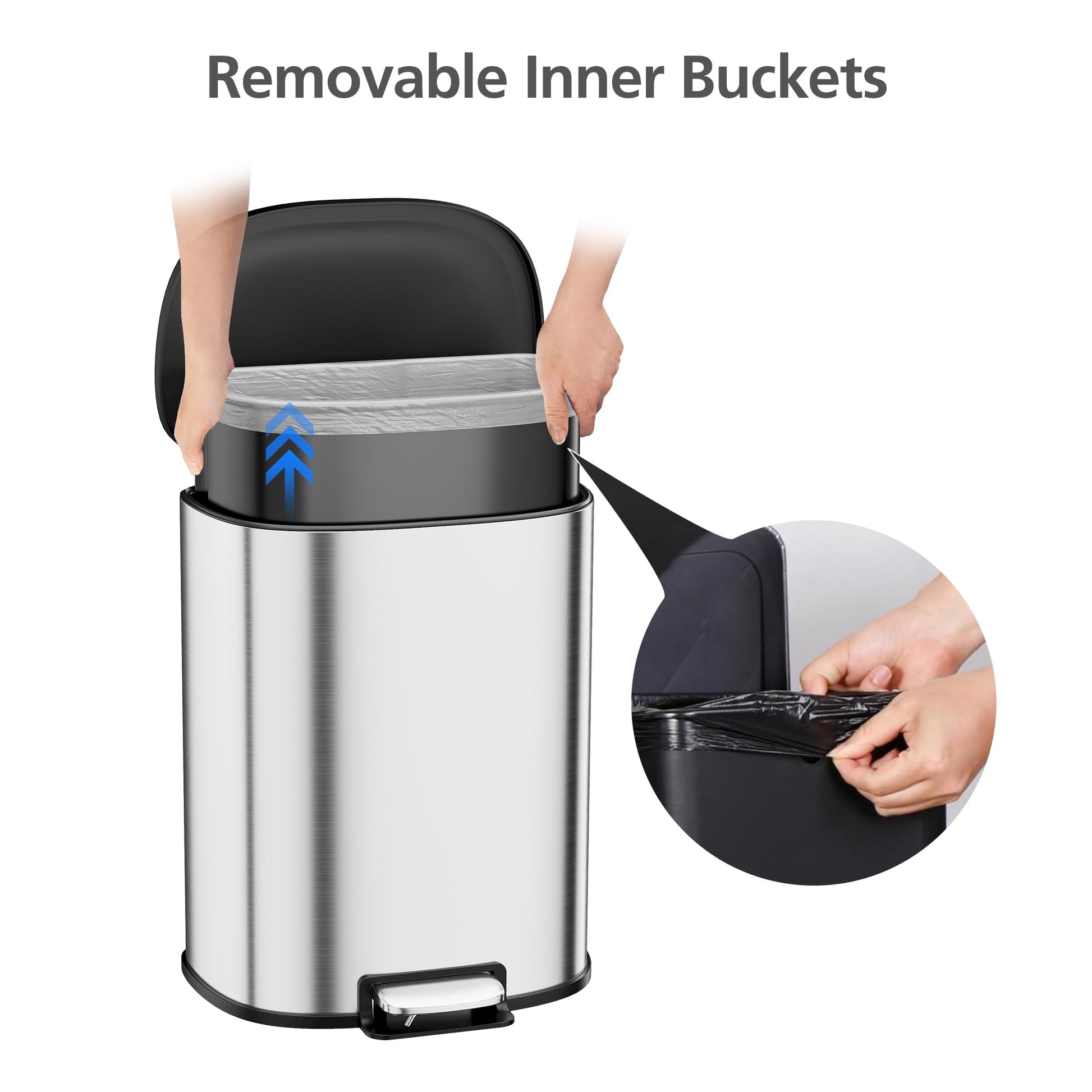 Garvee D-Shape Kitchen Trash Can 50L/13.2 Gal, Smudge Resistant Step-On Garbage Can with Lid, Stainless Steel Trash Bin with Removable Buckets, Soft-Close Lid
