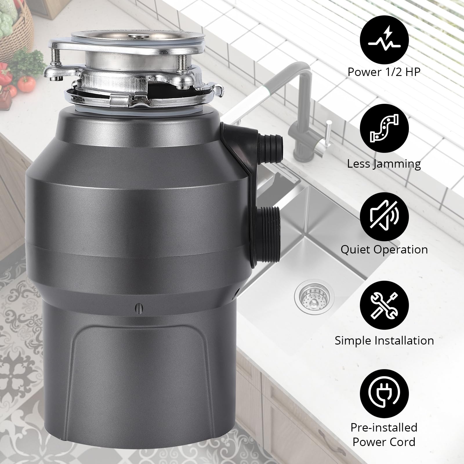 Garvee 1/2 HP Garbage Disposal, Sink Garbage Disposal With Air Switch, Continuous Feed Food Waste Disposer Cleaner With 14 In Power Cord, 380W 3500r/Min,Rose Gold