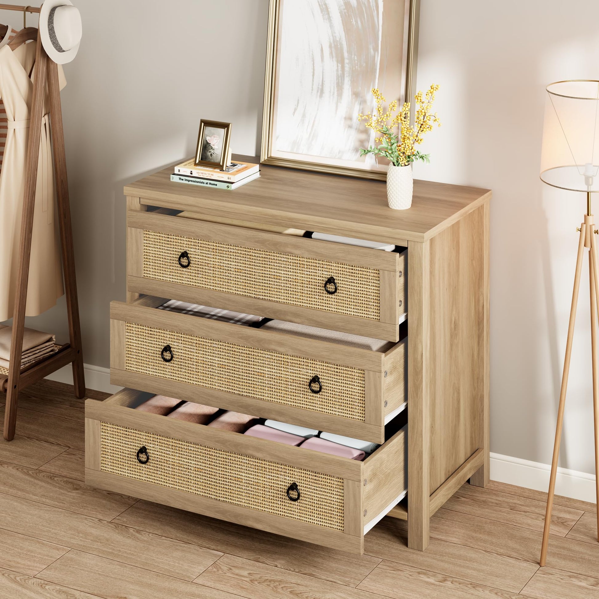 Garvee Rattan 3 Dresser for Bedroom, 29" Tall Dresser, Boho Tall Drawer Dresser with Storage, Wooden Closet Dressers Chest of Drawers Freestanding for Bedroom, Nursery, Living Room, Natural