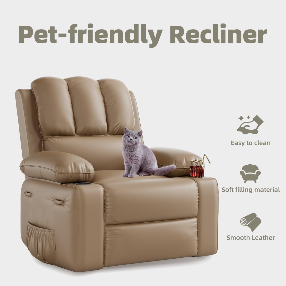 Garvee Oversized 27" Recliner Chairs with Heat and Massage, 360° Swivel Lazy Boy Recliner Chair for Adults, Manual Rocking Chair with Cup Holder for Living Rooms, Bedrooms and Nurseries, Tan