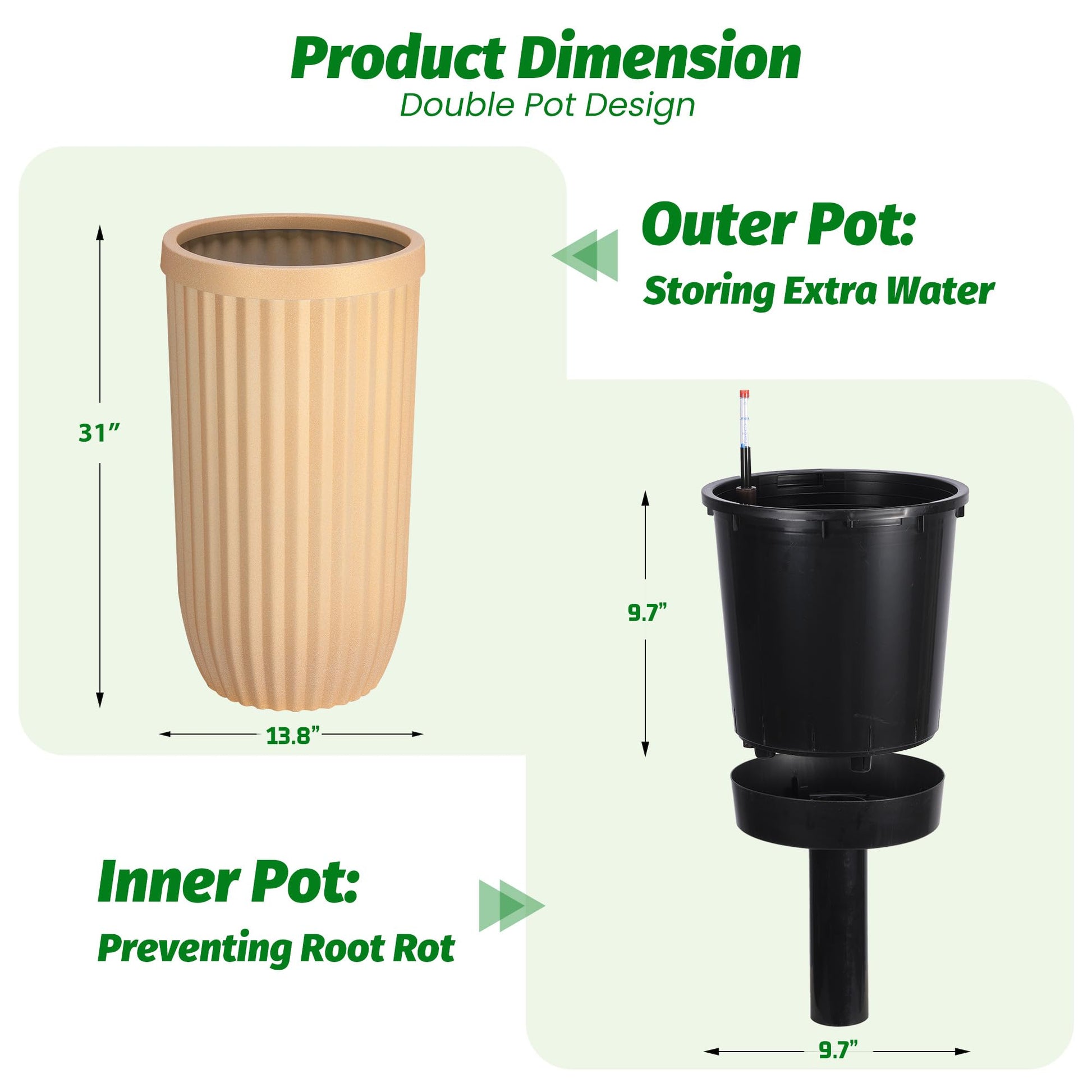 Garvee 31" Tall Gold Planter with Water Level Monitor, Self-Watering System & Wheels - Medium Flower Pot for Living Room, Office, Patio & Garden