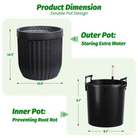 Garvee 14.5 Inch Tall Planters Set of 2 Flower Pots with a Water Level Monitor, Self Watering Insert and Hidden Wheels, Ideal for Living Room, Bedroom Office, Patio, Porch, Garden, Black