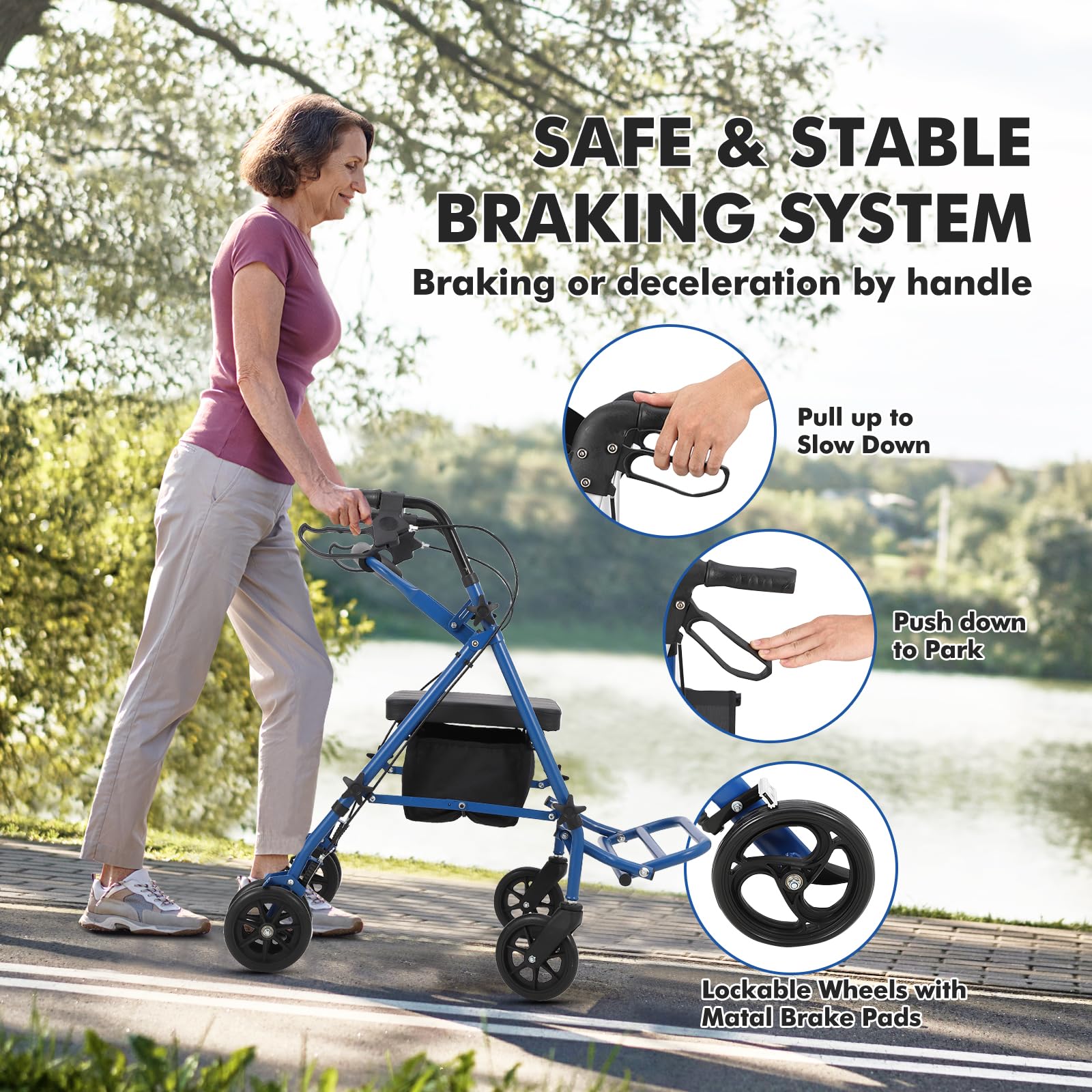 Garvee 2-in-1 Rollator Walker & Transport Wheelchair | 300lbs Capacity | Adjustable Height Mobility Aid for Seniors with Padded Seat & Foldable Footrest, Blue