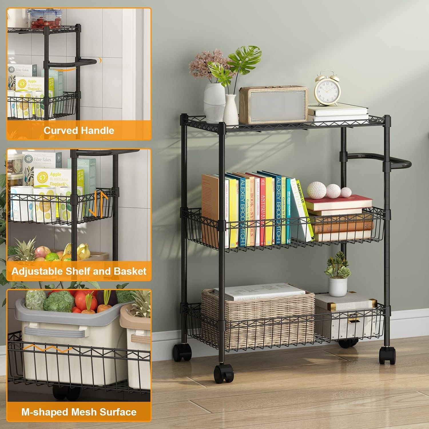 Garvee 3 Tier Rolling Cart, Metal Kitchen Cart On Wheels with Baskets, Wire Shelving Rolling Snack Storage Cart Utility Trolley with Handles for Kitchen Bathroom Office Laundry, Black