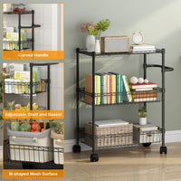 Garvee 3 Tier Rolling Cart, Metal Kitchen Cart On Wheels with Baskets, Wire Shelving Rolling Snack Storage Cart Utility Trolley with Handles for Kitchen Bathroom Office Laundry, Black