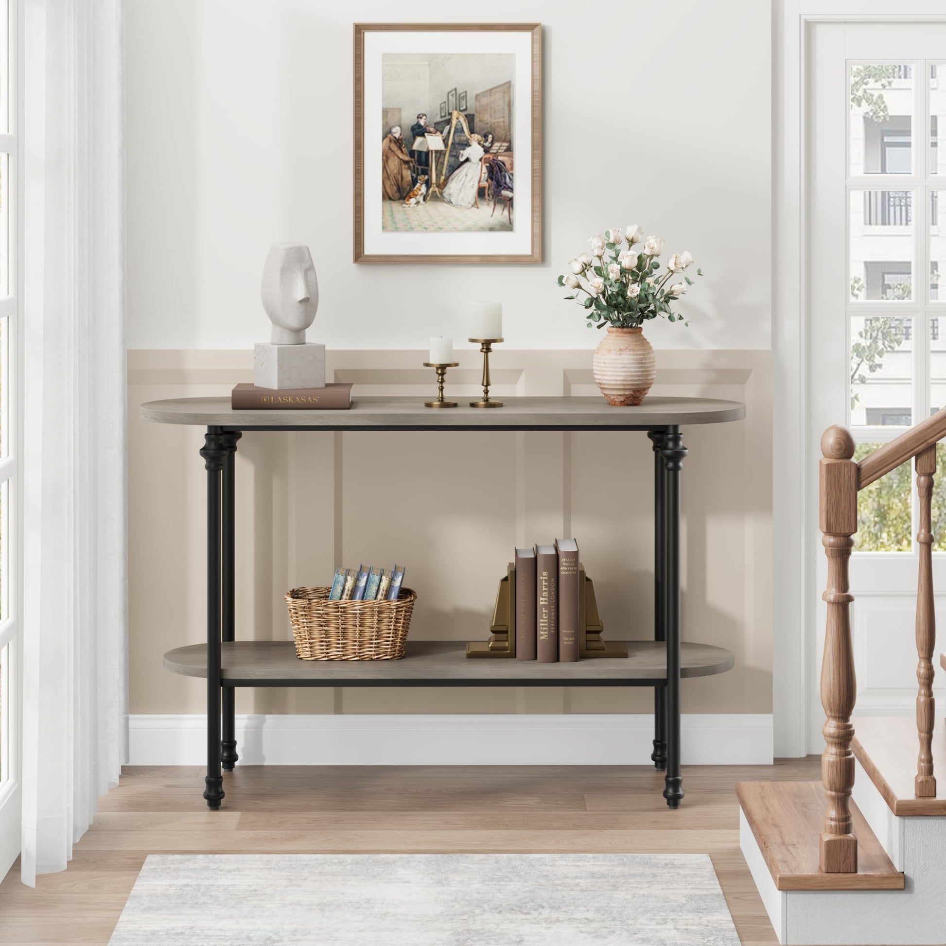 Garvee Console Table, 43.3" Entryway Table with Storage, 2 Tier Sofa Table with Metal Frame and MDF, Behind Couch Table for Living Room, Hallway, Entryway-Grey