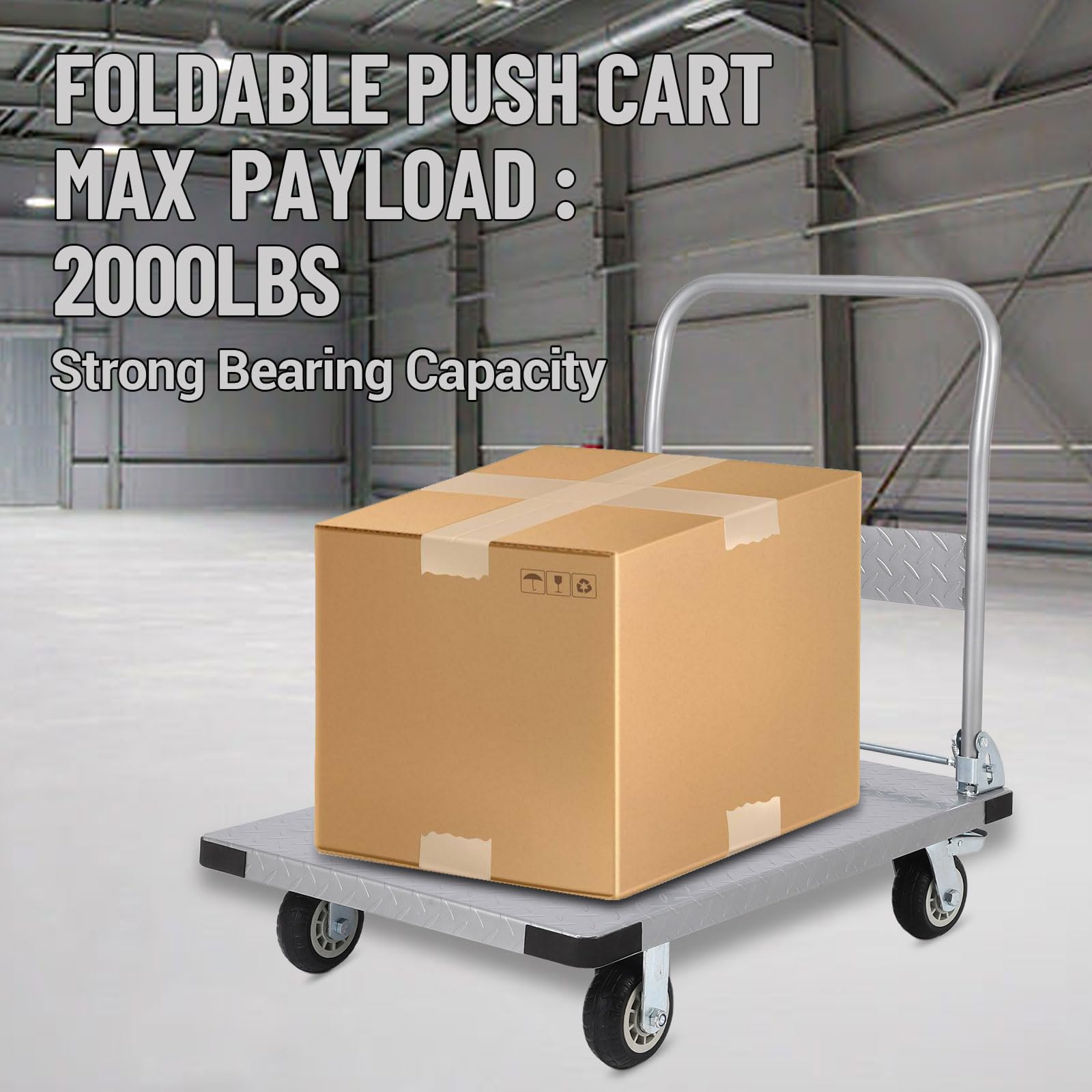 Garvee Platform Truck Cart 2000 LBS Load Capacity, Foldable Steel Hand Push Dolly with 6" TPR Brake Wheels, Heavy Duty Flatbed Hand Cart 36" x 24" for Loading and Moving, Home Office Warehouse
