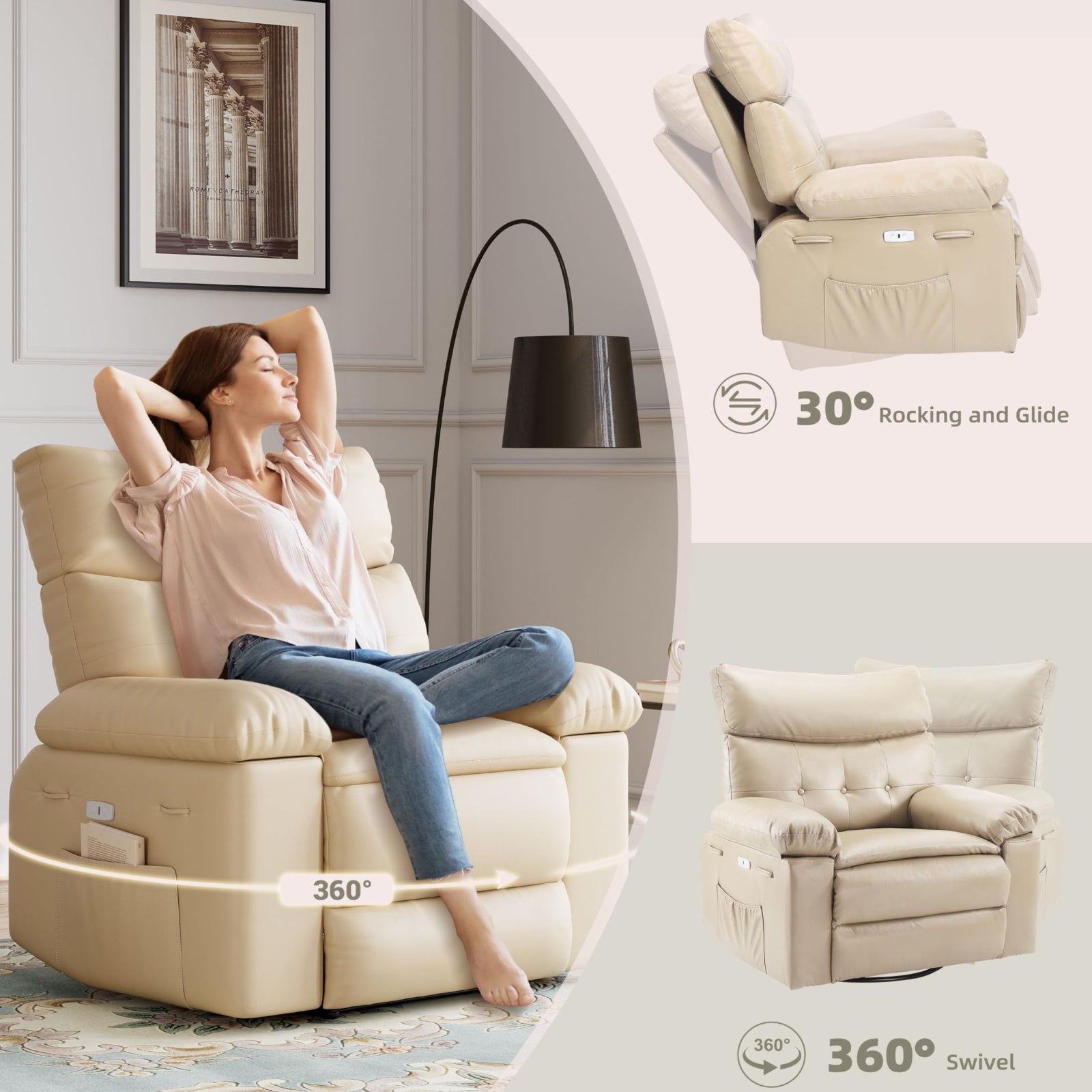 Garvee 22" Widen Rocker Swivel Recliner Chair, Lazy Boy for Adults, with Vibrating Massage and Heating, 1.5X Sponge Filling, Side Pocket, for Living Room, Bedroom, and Nursery