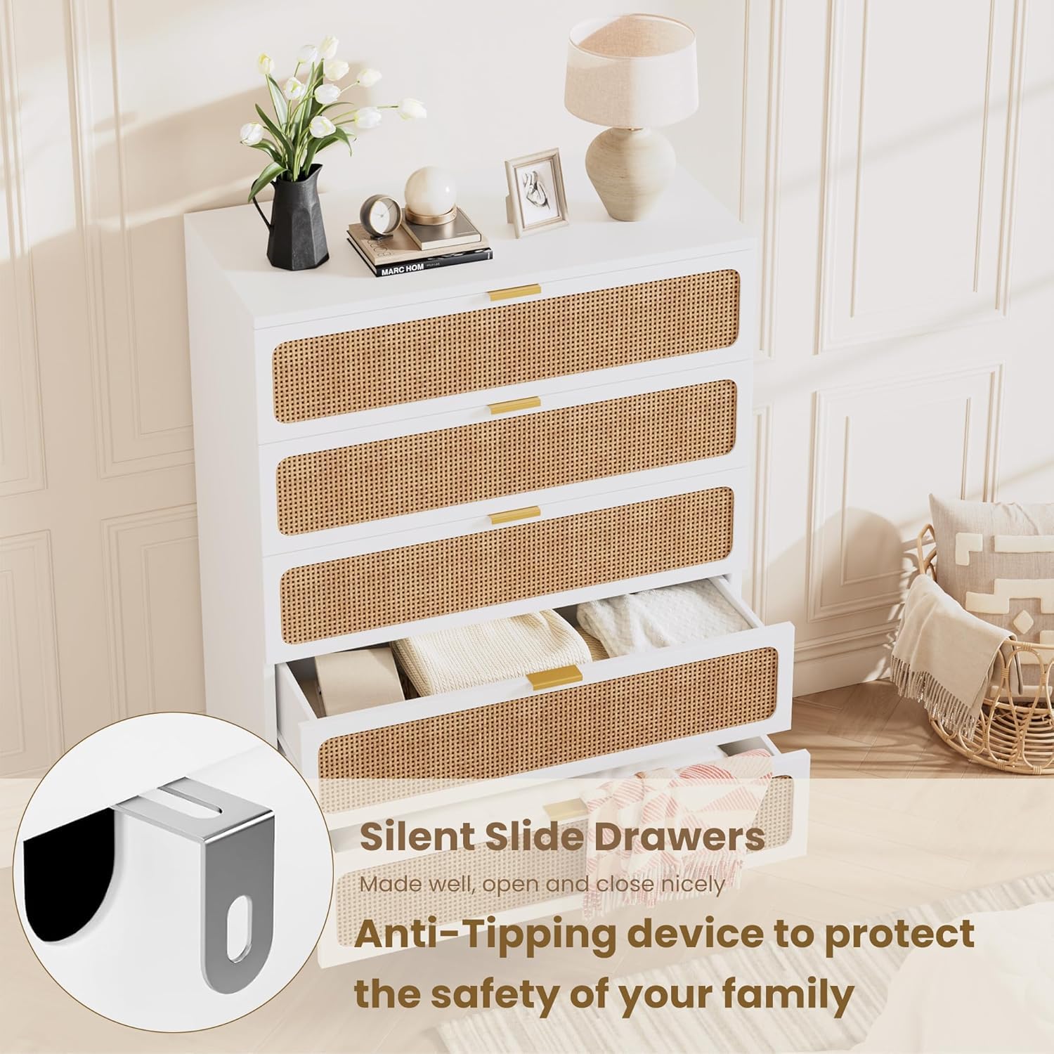 Garvee 5 Drawer Dresser for Bedroom, Rattan Chest of Drawers with Deep Drawers, Large Modern Double Dresser for Closet with Wide Top, Horizontal Wooden Dresser for Living Room, Hallway, Kids Room, Natural