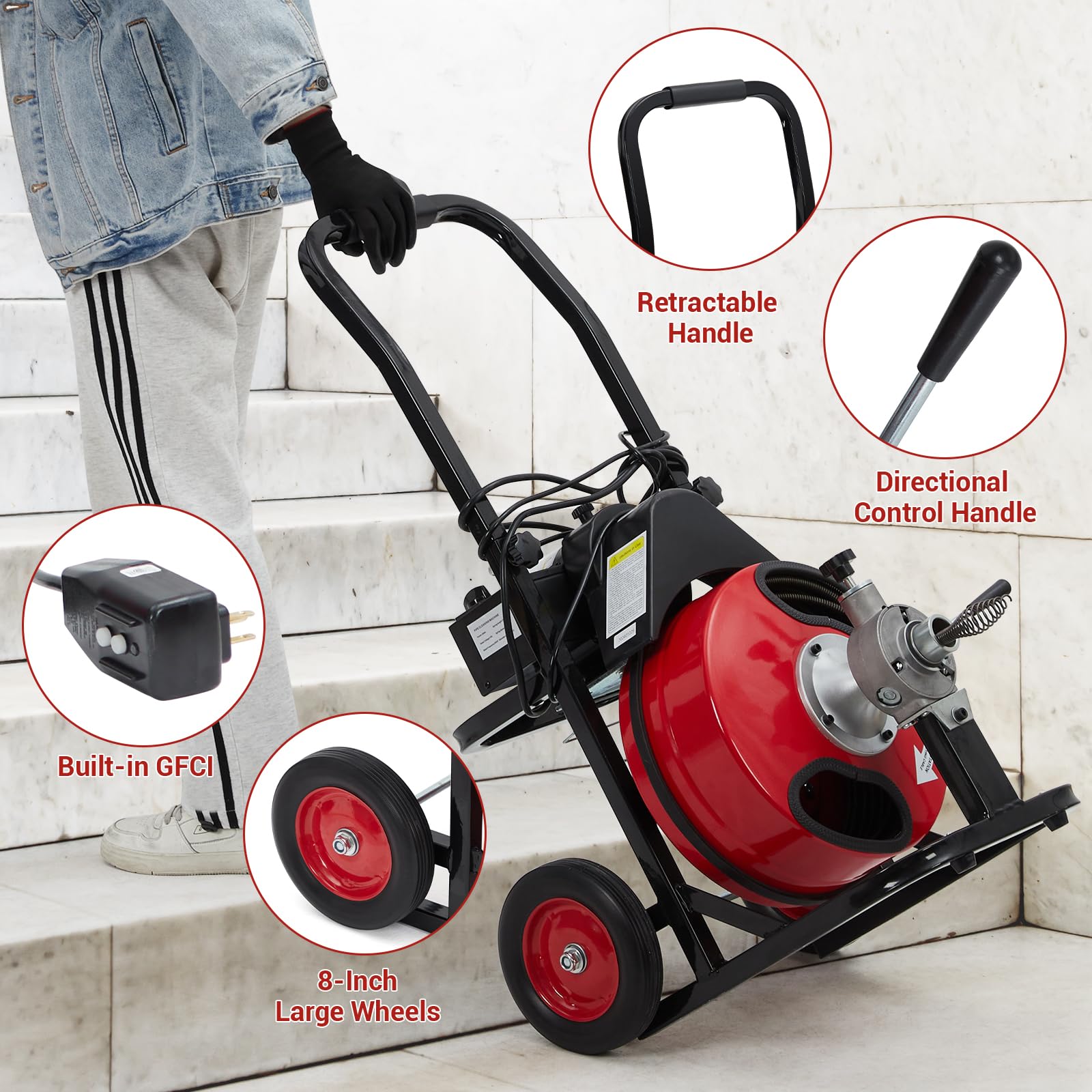 Garvee Auto Feed 100 FT x 3/8 Inch Drain Cleaner Machine with 370W Motor, Portable Sewer Snake Auger with 8 Cutters & Air-Activated Foot Switch, Fits 1" to 4" Pipes, Black & Red