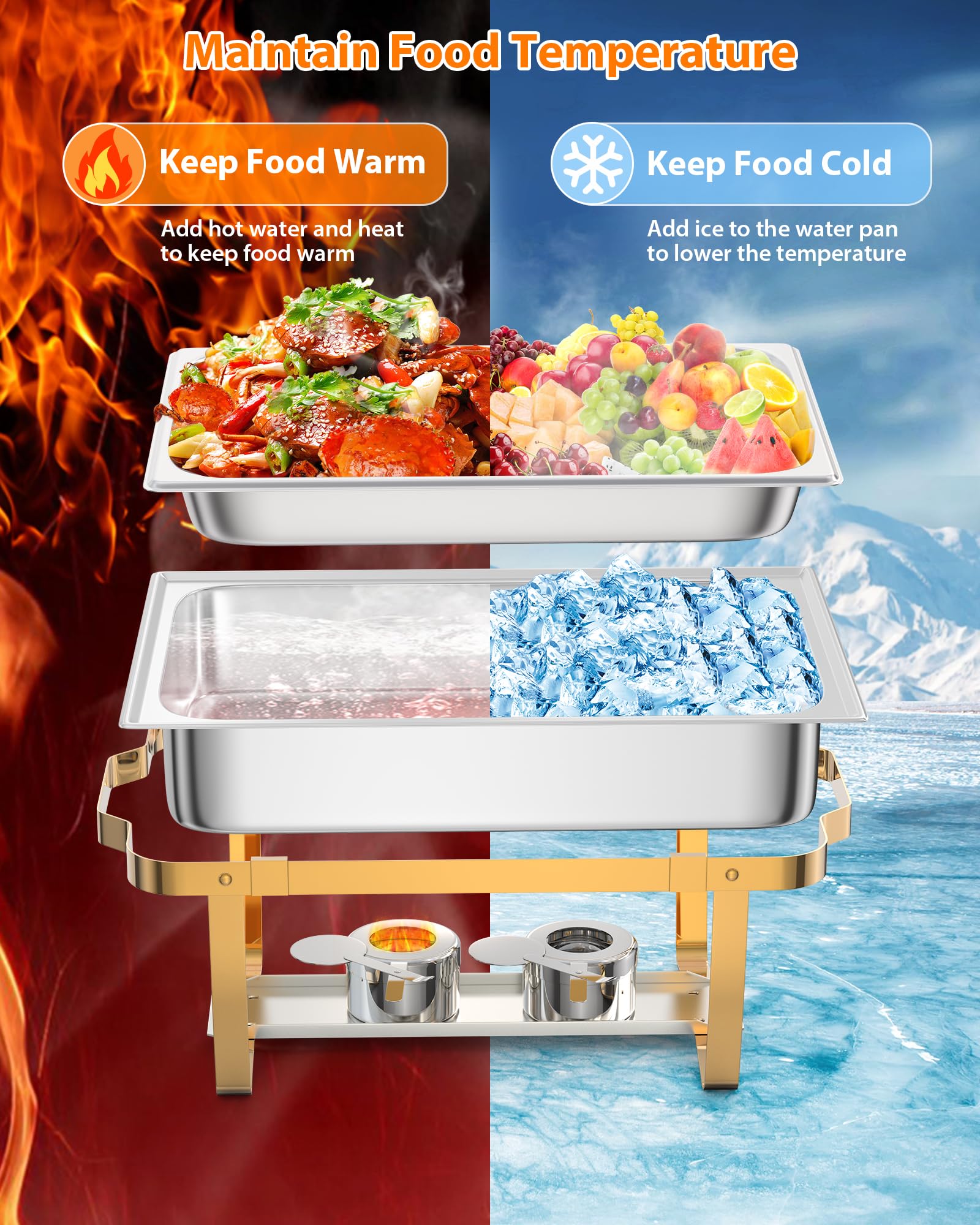 Garvee 8QT Chafing Dish Buffet Set (6-Pack) - Foldable Food Warmers with Spoons & Tweezers for Weddings, Parties, Banquets, and Catering Events (Gold)