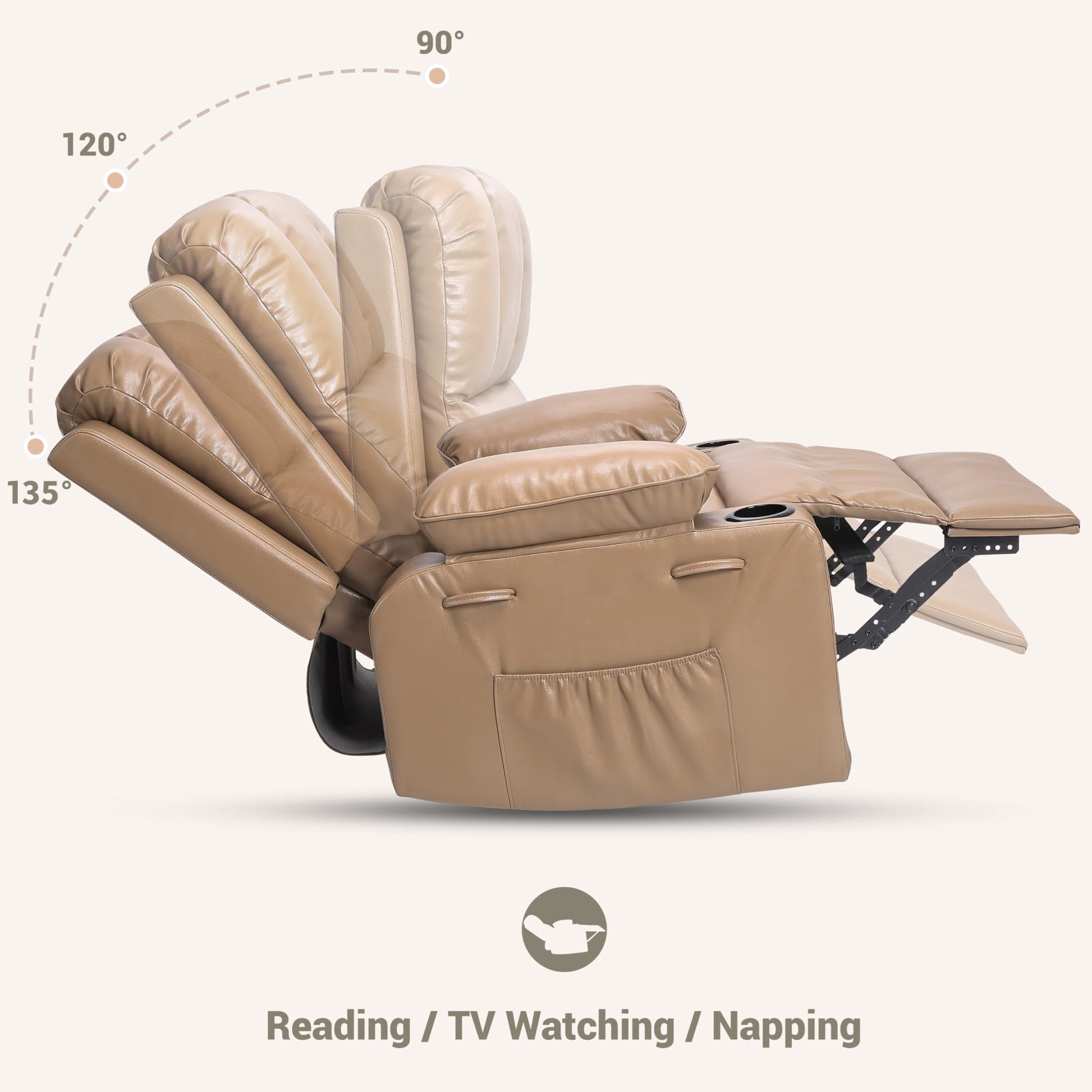 Garvee 22" Widen Rocker Swivel Recliner Chair, Lazy Boy Recliner for Adults, with 1.5X Sponge Filling, Side Pocket, and Cup Holder, for Living Room, Bedroom, and Nursery, Tan